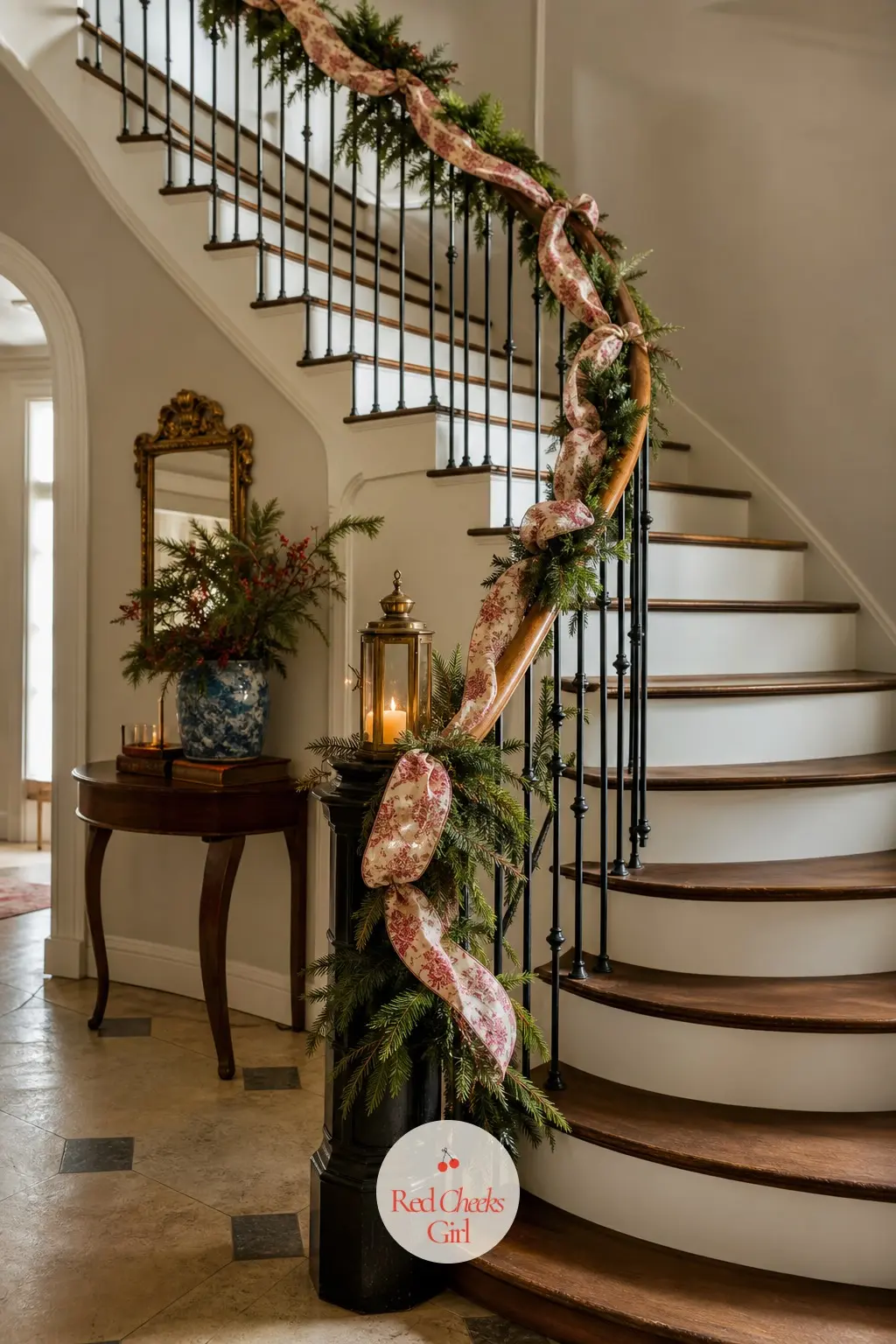 The Staircase Rail, Spiraled in Ribbon and Light — Twelve feet of slim garland spirals the handrail, wound through with a single length of toile ribbon rather