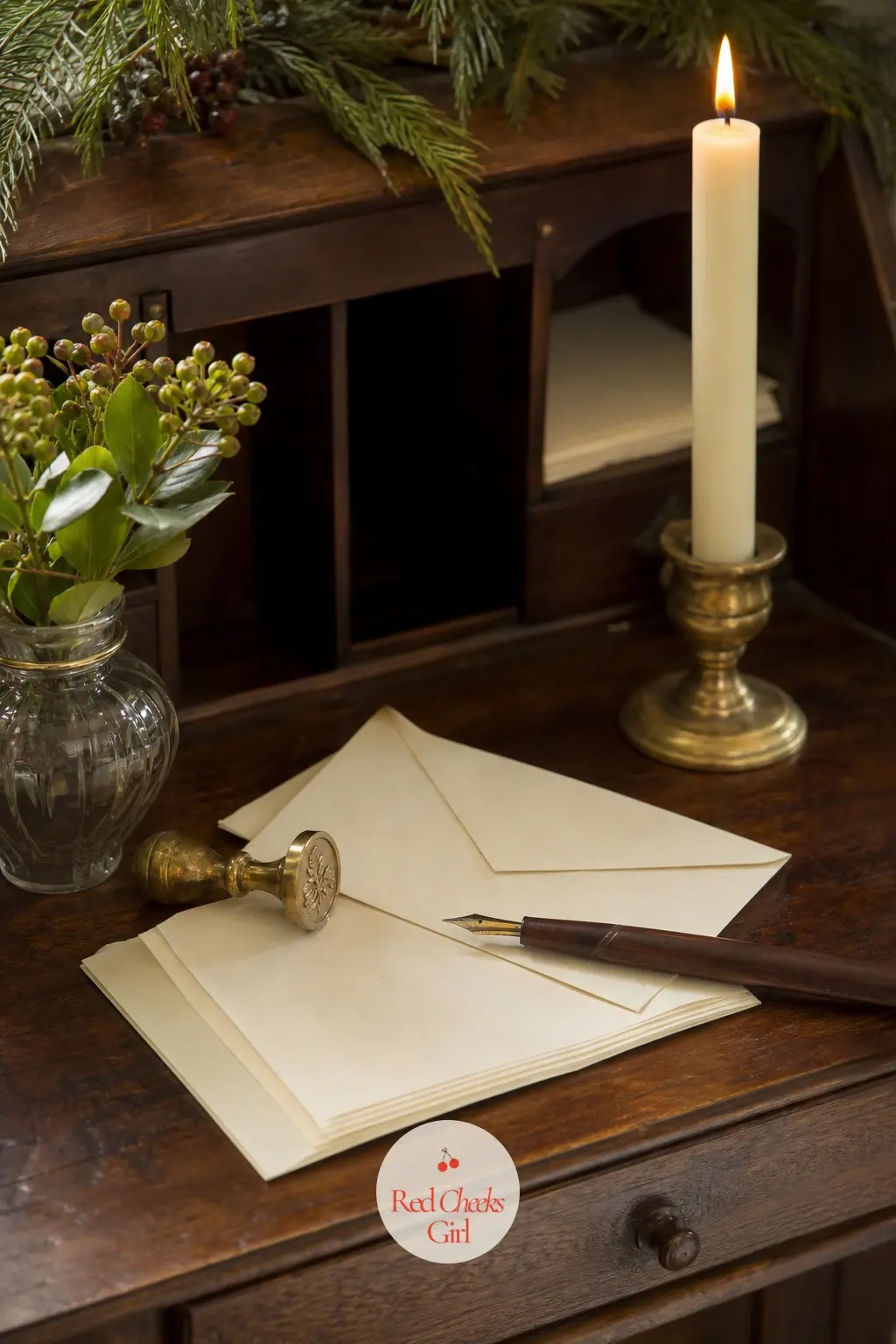 The Writing Desk, Kept for Letters to Pere Noel — A small secretaire holds a stack of ivory writing paper, a fountain pen, and a wax seal stamp cut with the