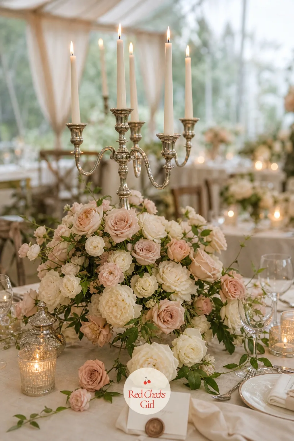 Antique Silver Candelabra Centerpieces with Loose Garden Roses — A centerpiece that looks arranged kills the mood instantly. French wedding aesthetic