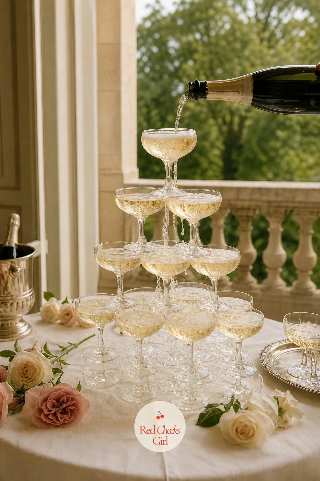 The Champagne Tower — This is the one moment of the night guests actually gasp at, right before the room sits down. French wedding aesthetic