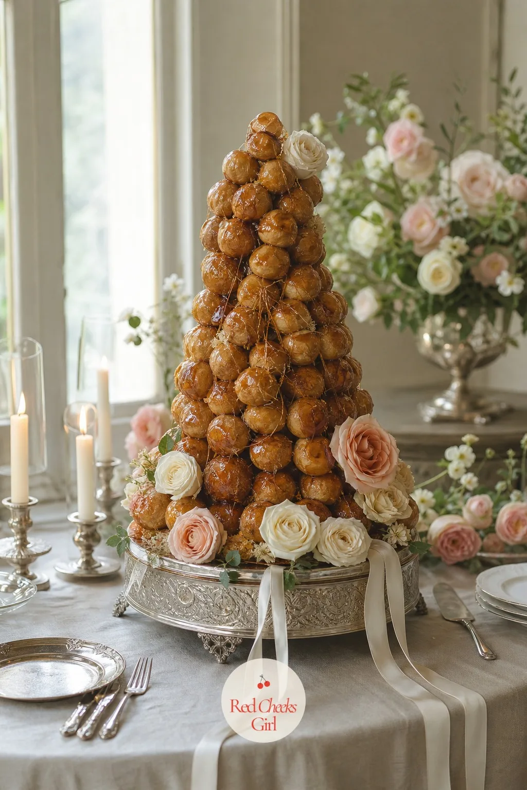 The Croquembouche Cake — Here is the actual wedding cake, and it is not a tiered frosted cake at all. French wedding aesthetic