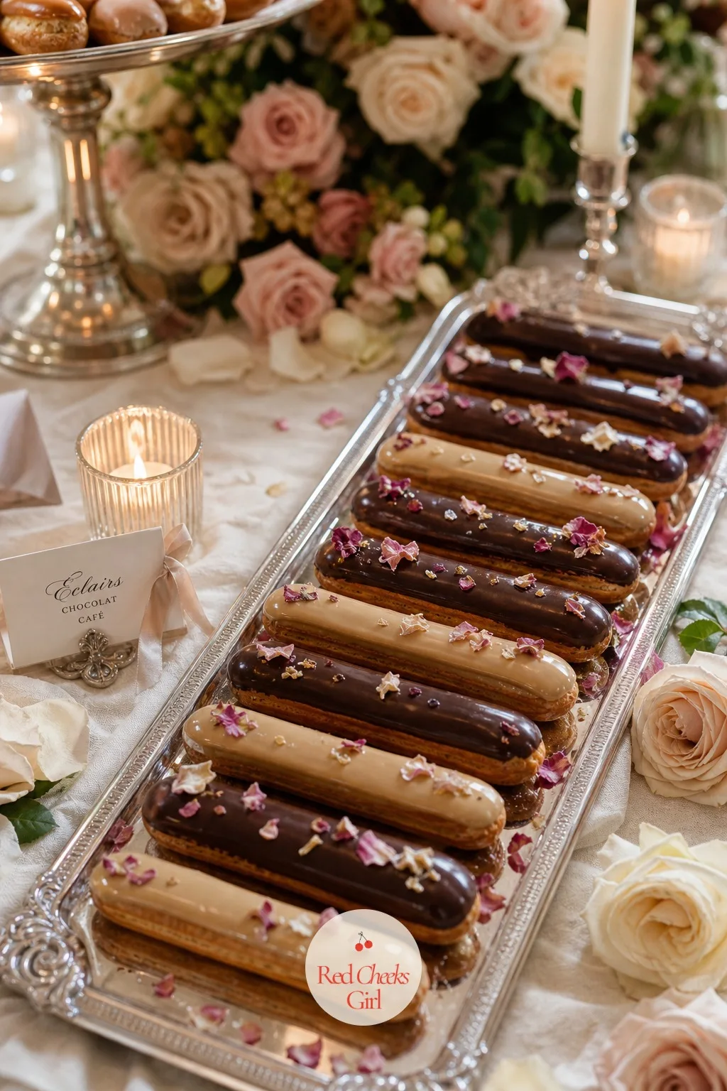 An Eclair Display Tier — The eclair holds its shape sliced open just as well as whole, which makes it worth its own tier rather than hiding behind the