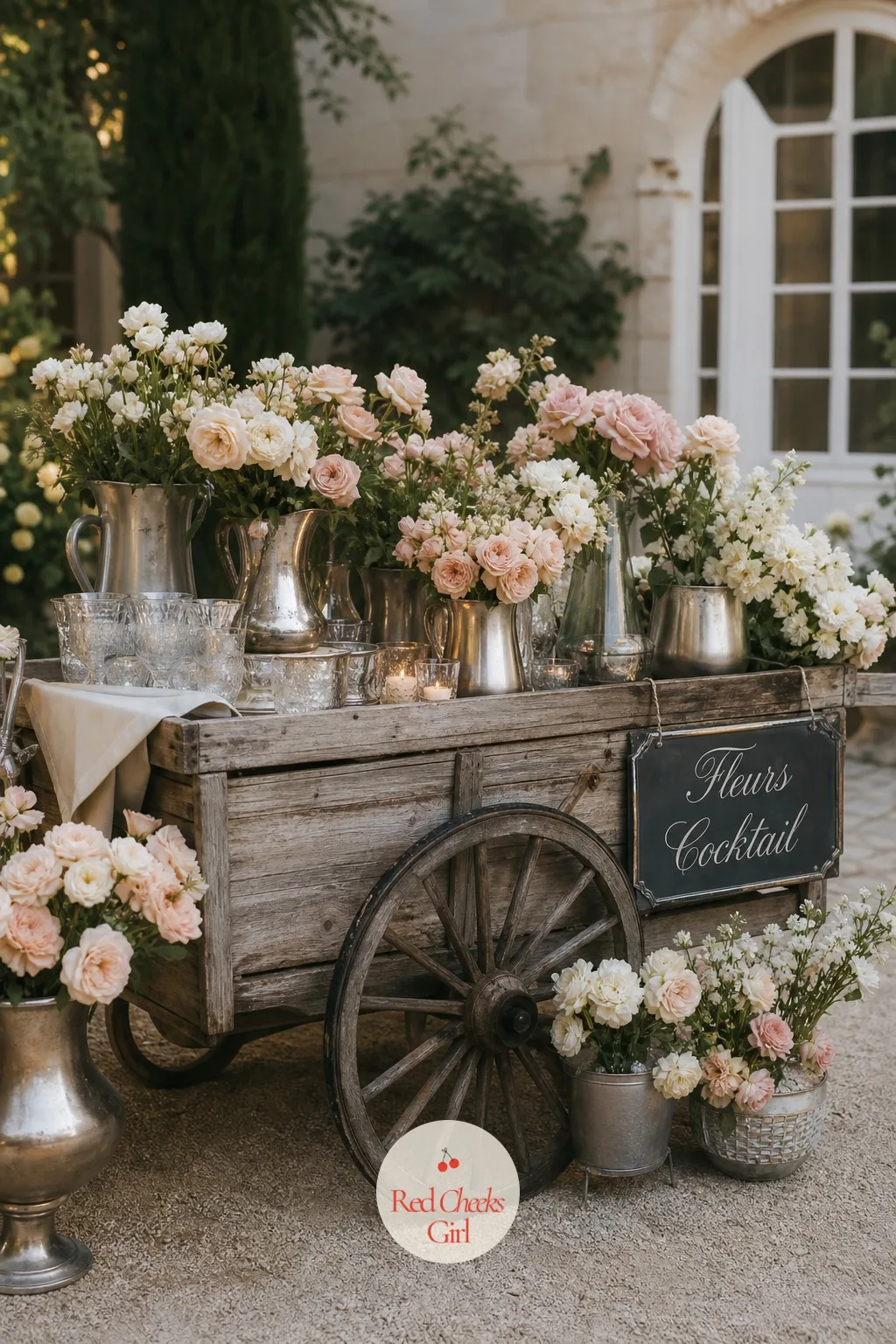 A Flower Cart for Cocktail Hour — Guests need somewhere to linger with a drink before the reception opens, and a flower cart gives them a reason to stop