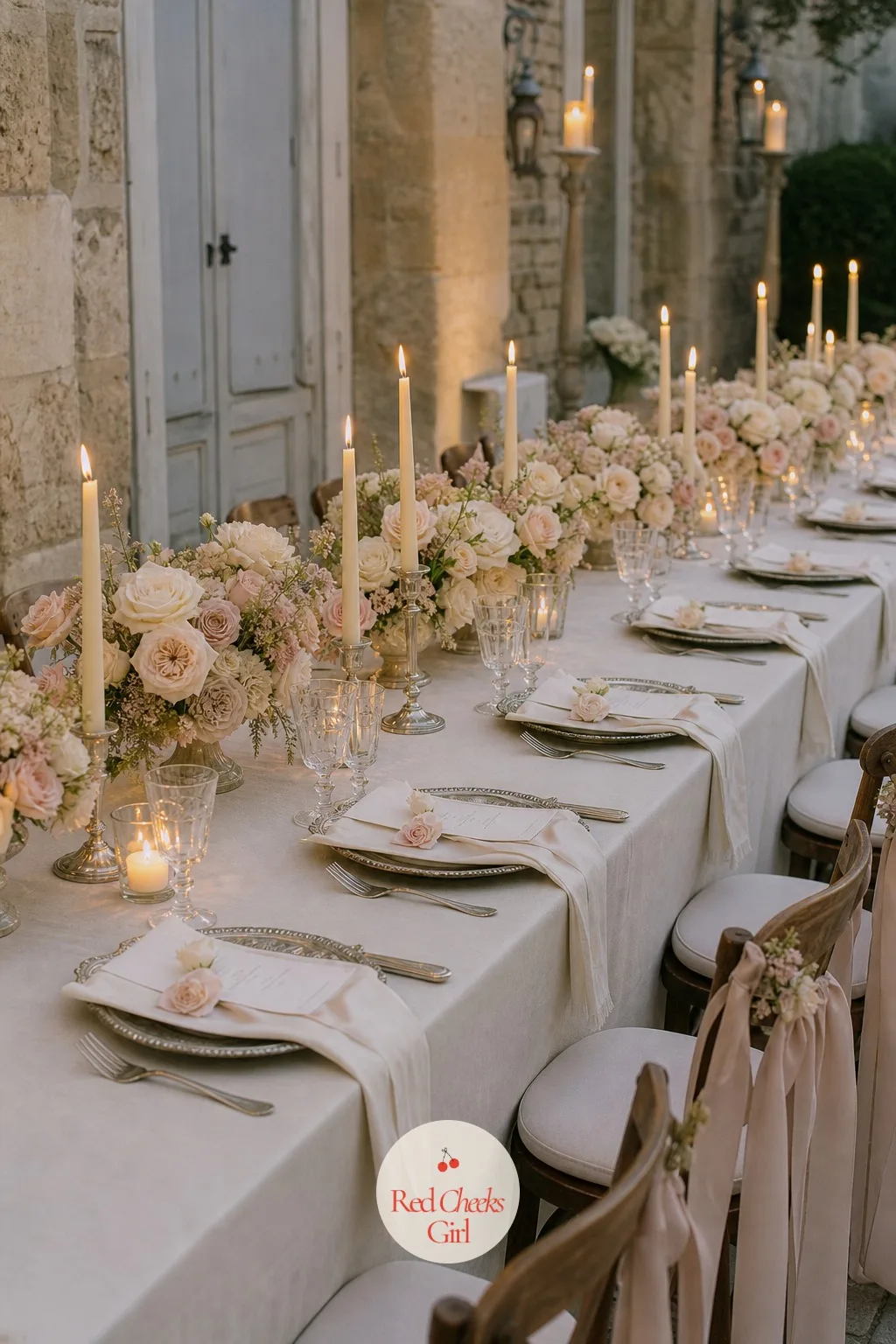 The Long Table Tablescape — She might worry a long table looks bare without a runner of flowers down the whole length. French wedding aesthetic