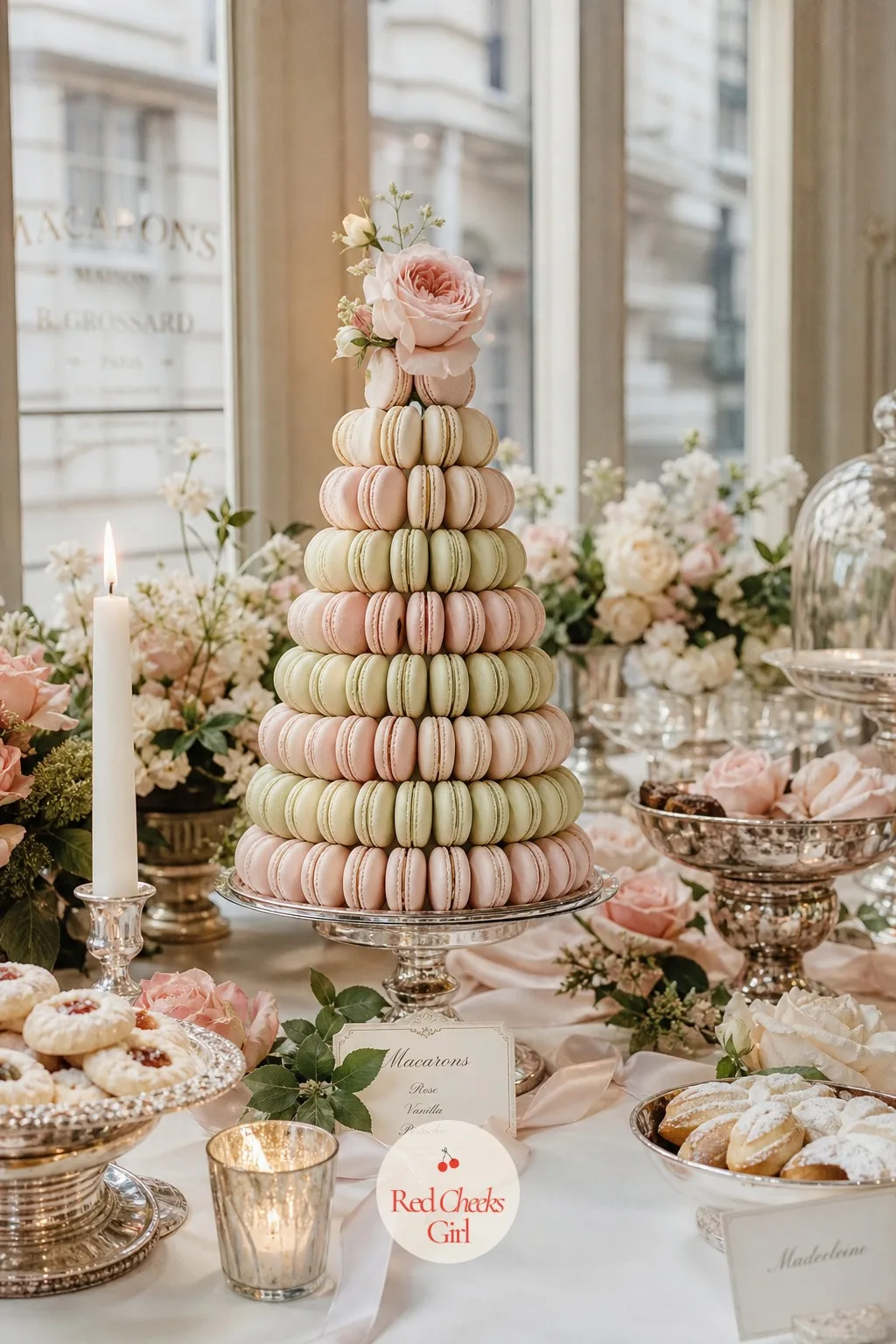 A Macaron Tower — This is the one object on the patisserie table everyone photographs before a single pastry gets eaten. French wedding aesthetic