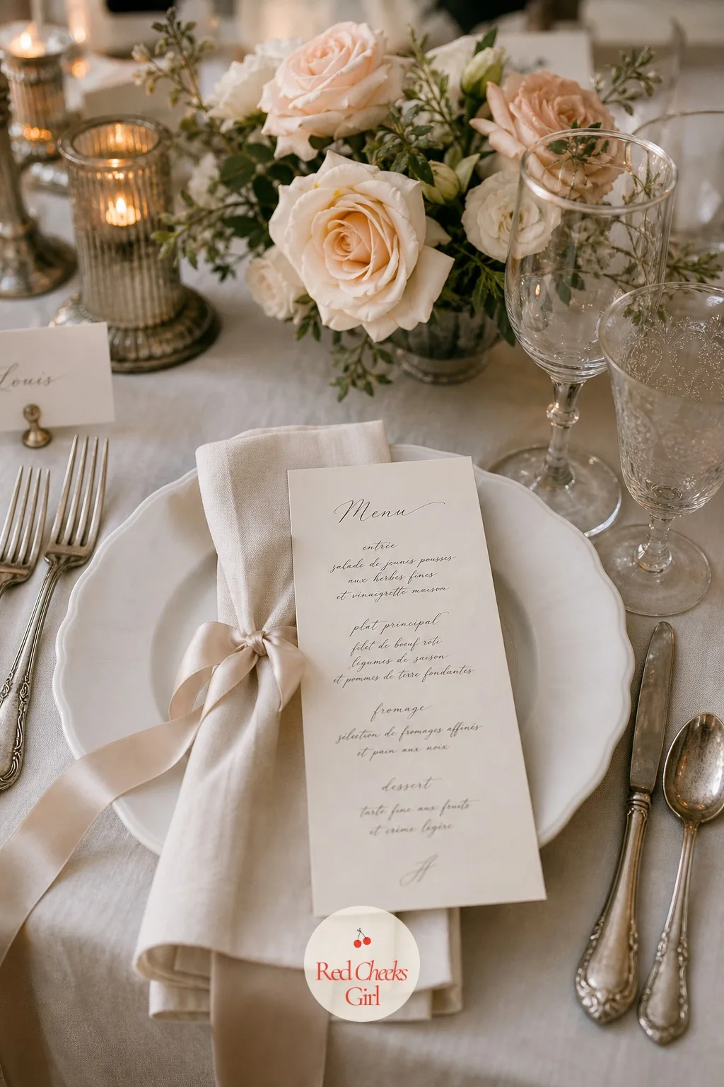 Menu Cards in French Script — A card at each place setting turns dinner into an occasion rather than just a meal, and it costs almost nothing beyond the