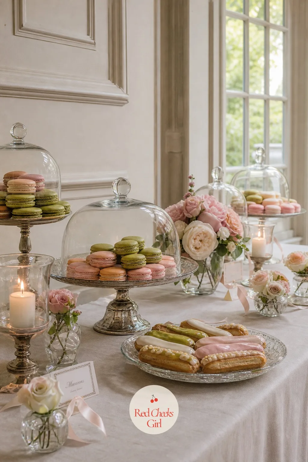 The Patisserie Table — Instead of one dessert table with a single cake, this whole spread looks lifted from a bakery window on a quiet street in Paris. French