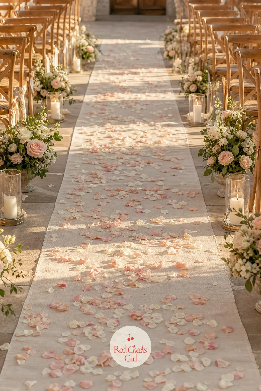 A Petal-Strewn Aisle Runner — A dead straight line of petals looks like it came from a kit, which it probably did. French wedding aesthetic
