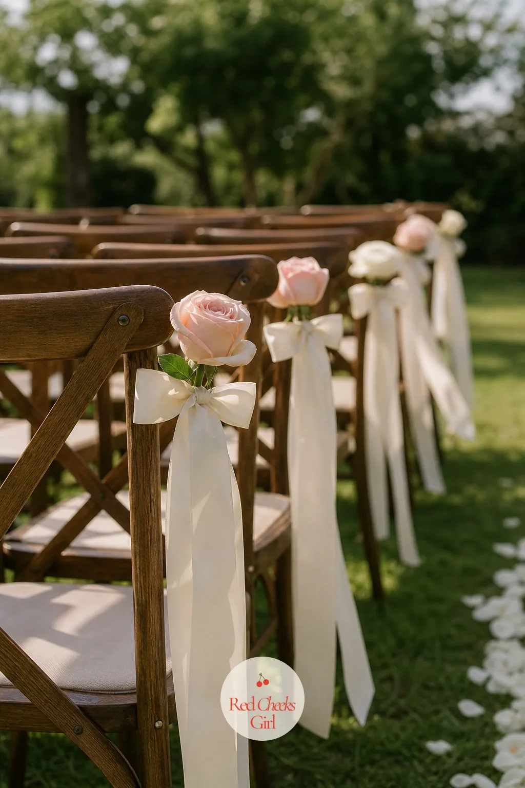 Ribbon-Tied Ceremony Chairs — Rows of rented chairs look exactly like rented chairs, until one small thing gets tied to the end of each aisle row. French