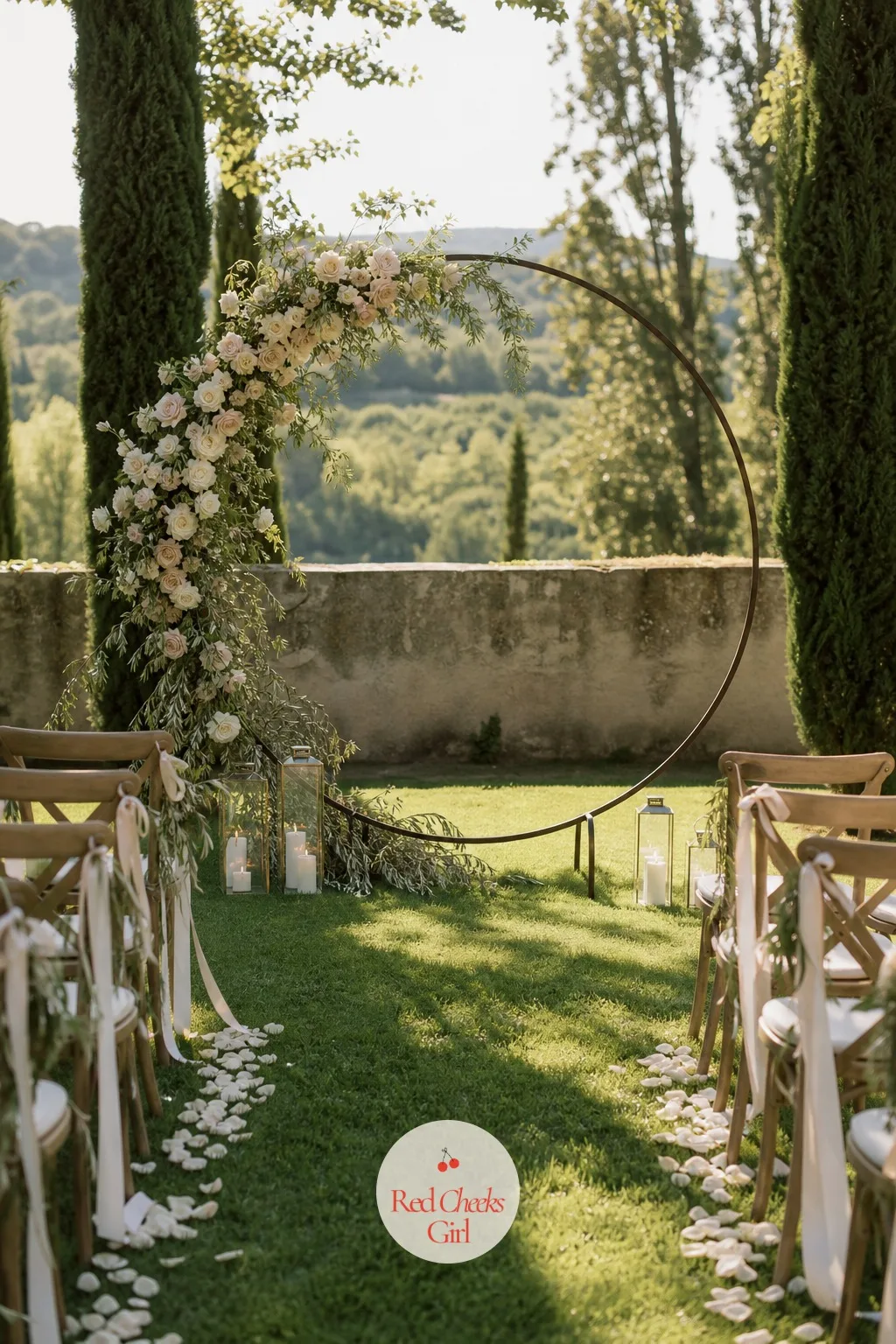 A Rose-Draped Ceremony Arch — A wall of flowers behind the altar looks impressive for about thirty seconds of photos, then just sits there for the rest of the