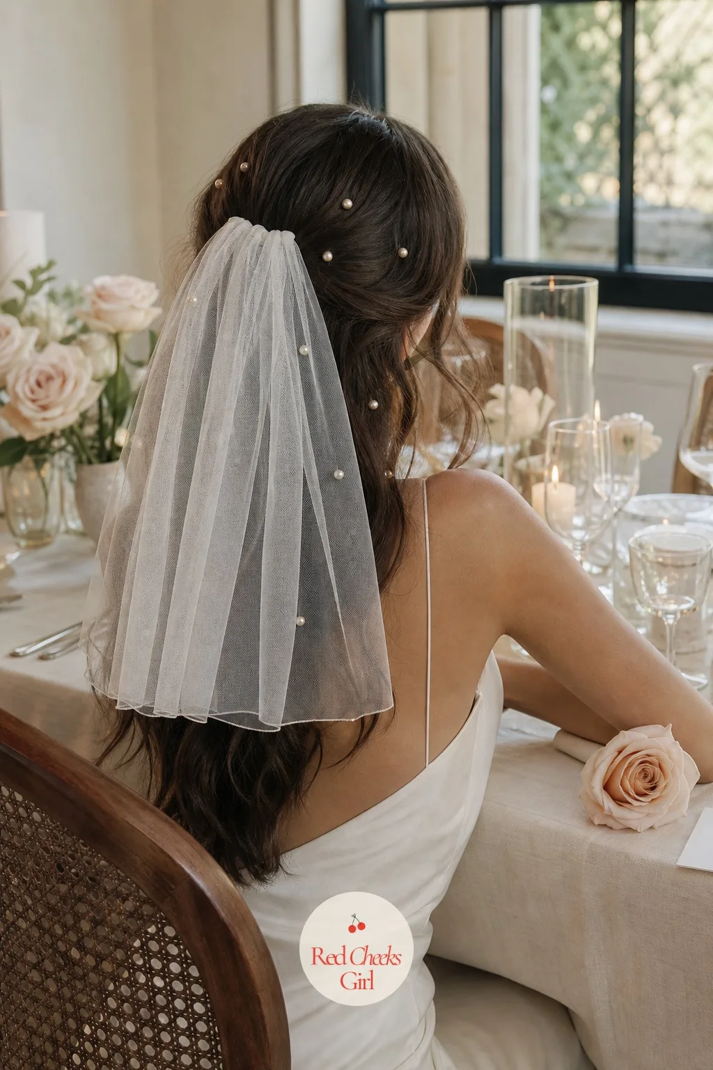 A Simple Veil and Pearl Hair Pins — Hair that looks like she did it herself in ten minutes beats hair that took three hours in a chair, at least in this theme.
