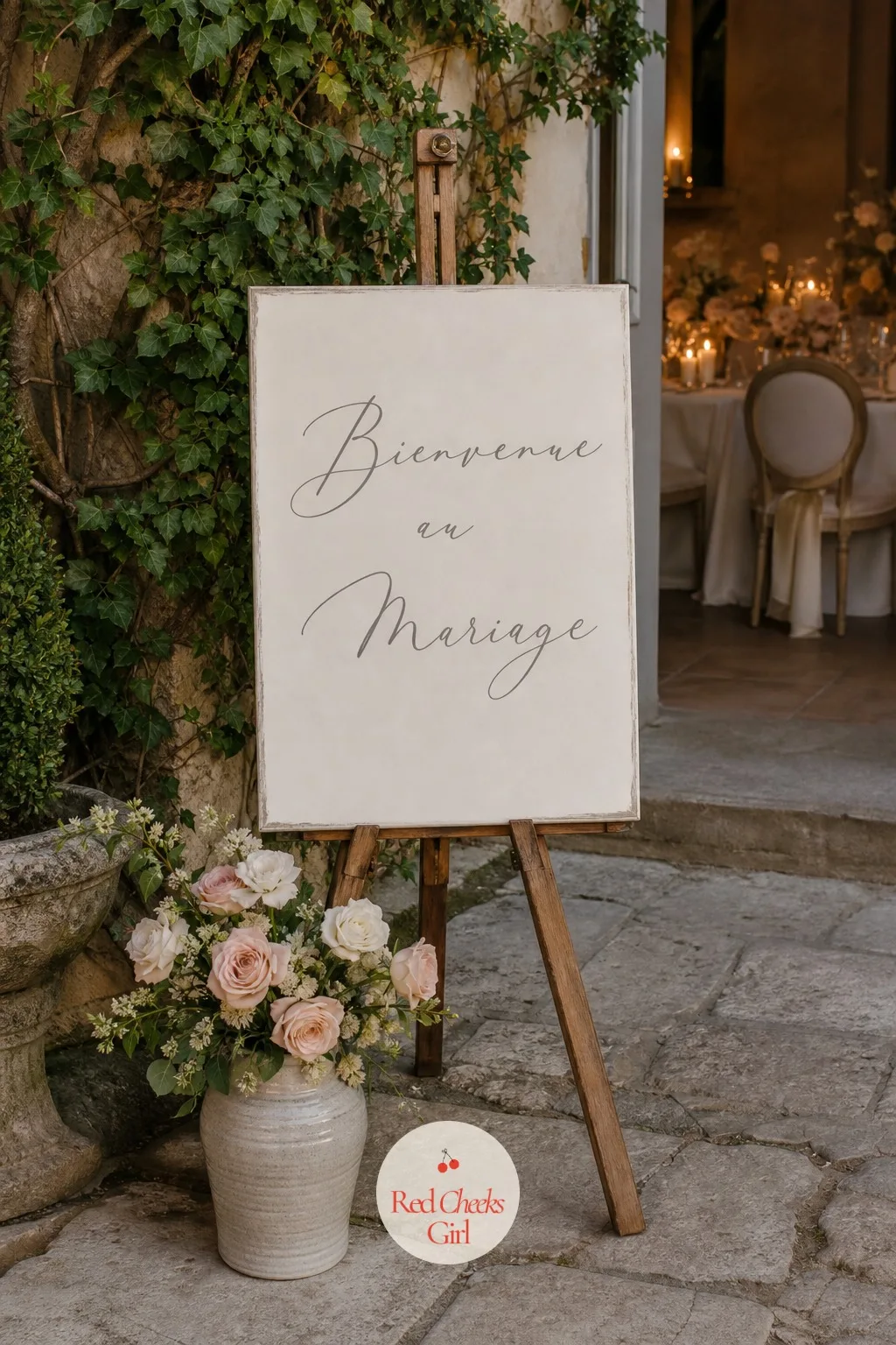 A Welcome Sign in French Script — This is the first object guests actually stop and read, before they find their seats or their drink. French wedding aesthetic