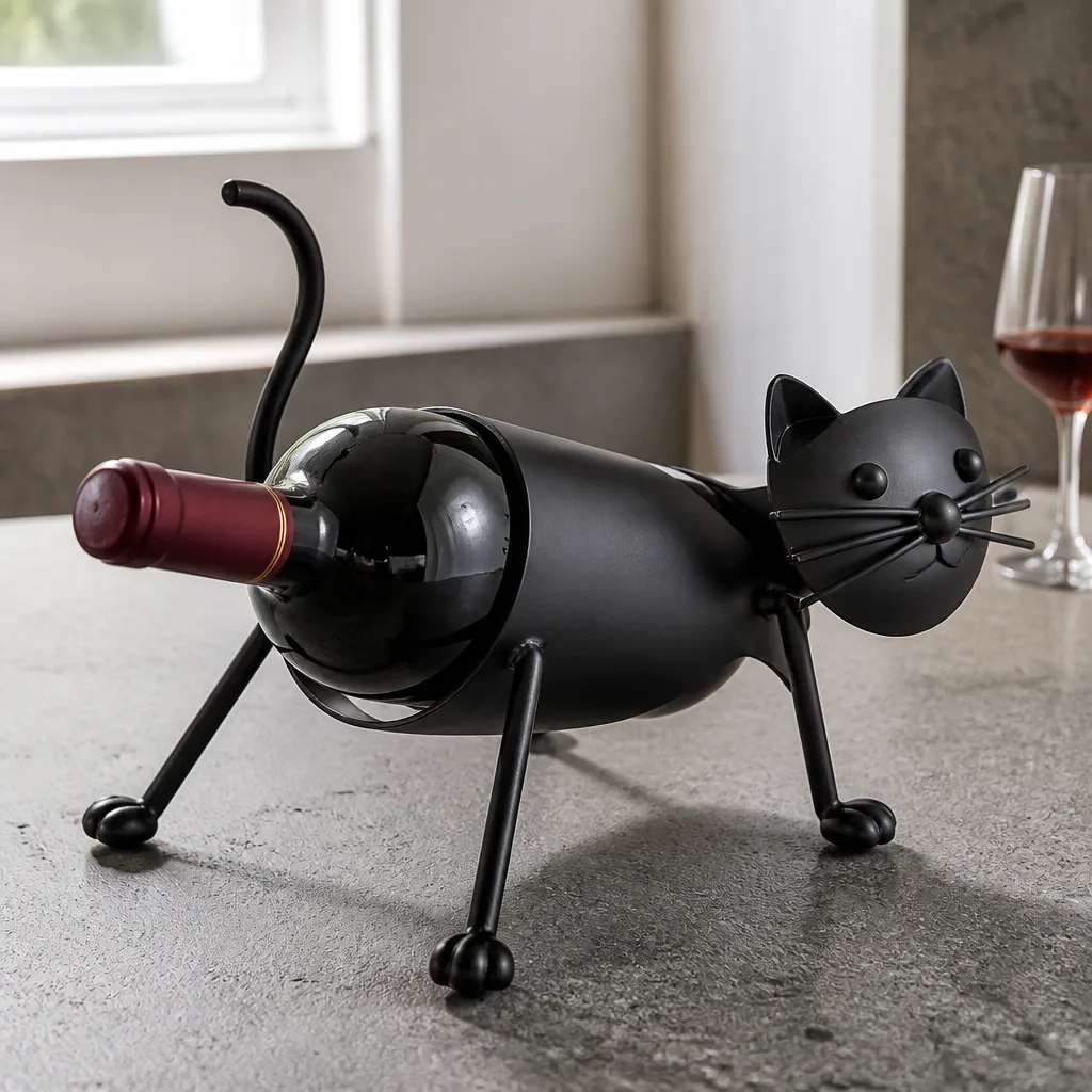 Animal Shaped Wine Bottle Holder — A metal animal silhouette that balances a full wine bottle at an impossible angle looks like a magic trick on a counter.