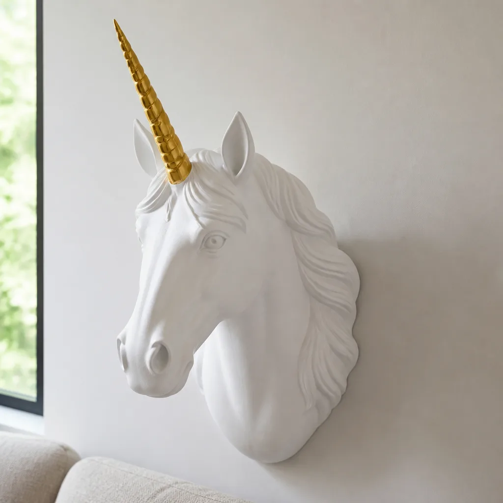 Giant Unicorn Head Wall Mount — A faux taxidermy unicorn head mounted like a hunting trophy gets a laugh the second it clears the wrapping paper. Funny white