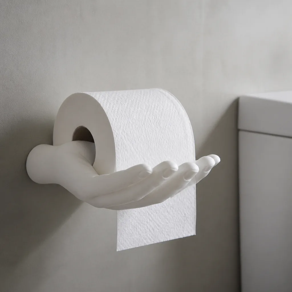 Hand Shaped Toilet Paper Holder — A cupped hand holding the roll upright sounds like a strange idea until it is mounted and someone realizes they actually like