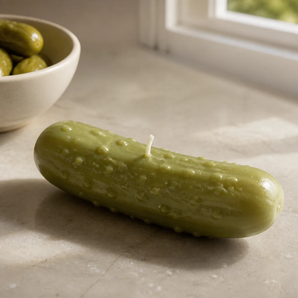 Pickle Shaped Candle — It sits on a shelf looking exactly like a jar pickle until someone notices the wick. Funny white elephant gifts