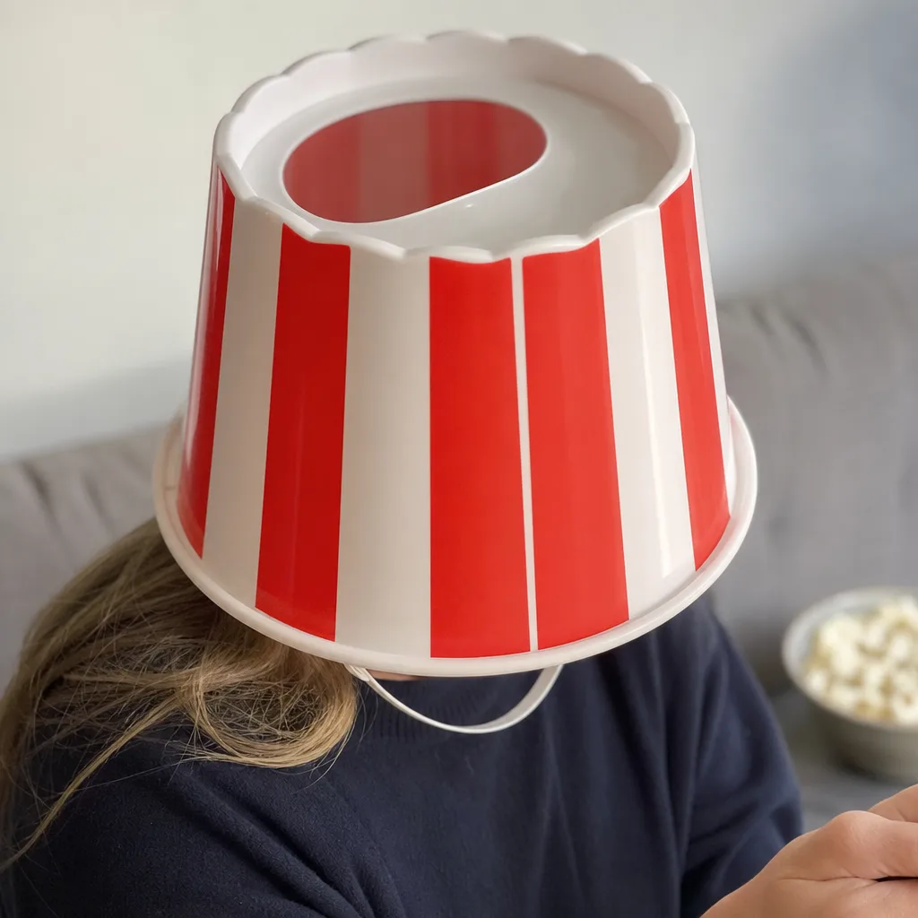 Popcorn Bowl Hat — A wearable bowl that sits on the head and holds actual popcorn sounds like a bad idea until someone wears it during the next movie and will