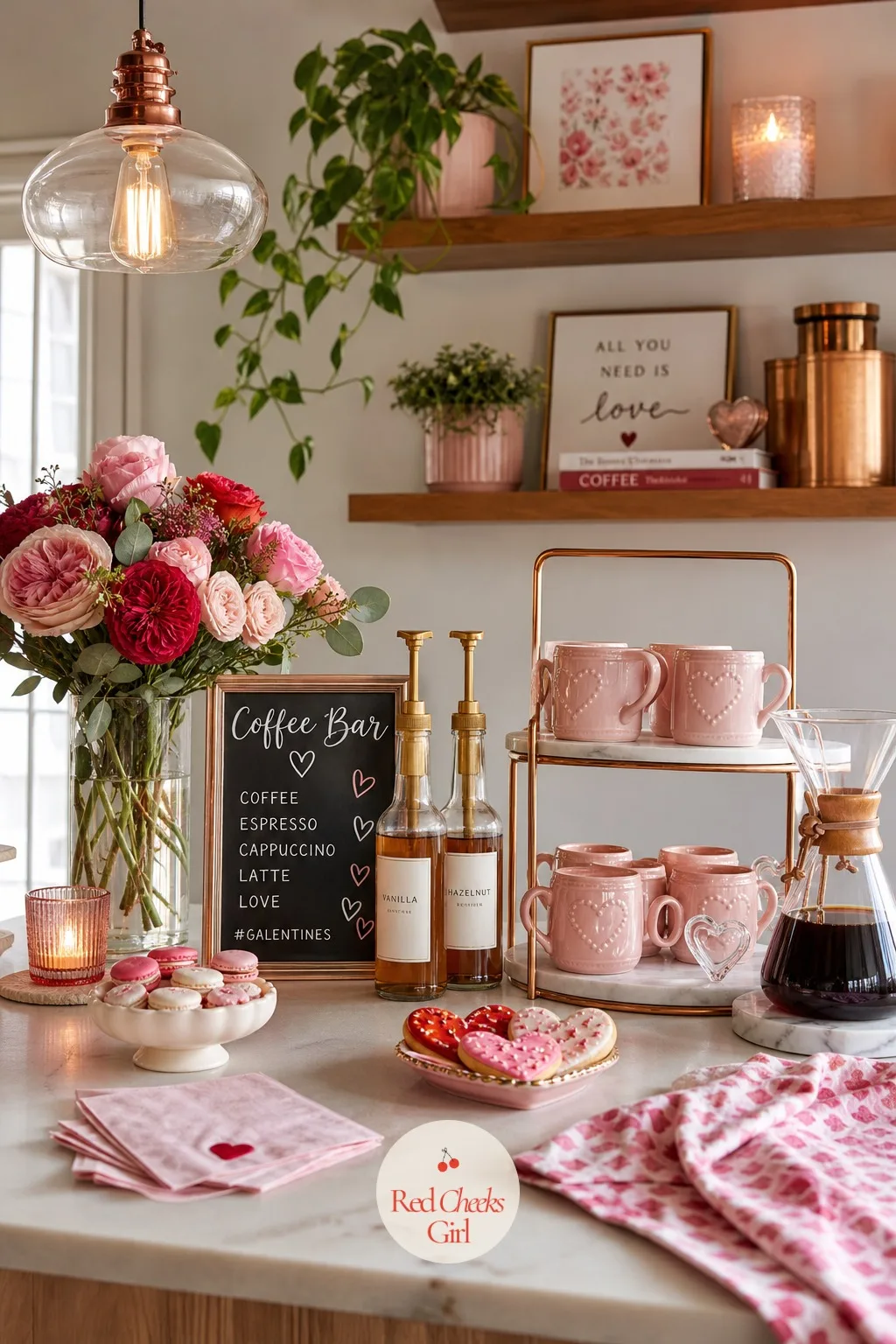 The Coffee Bar — For the friend who needs coffee before conversation, a corner of the counter gets its own setup: a carafe of fresh coffee at the base, a small