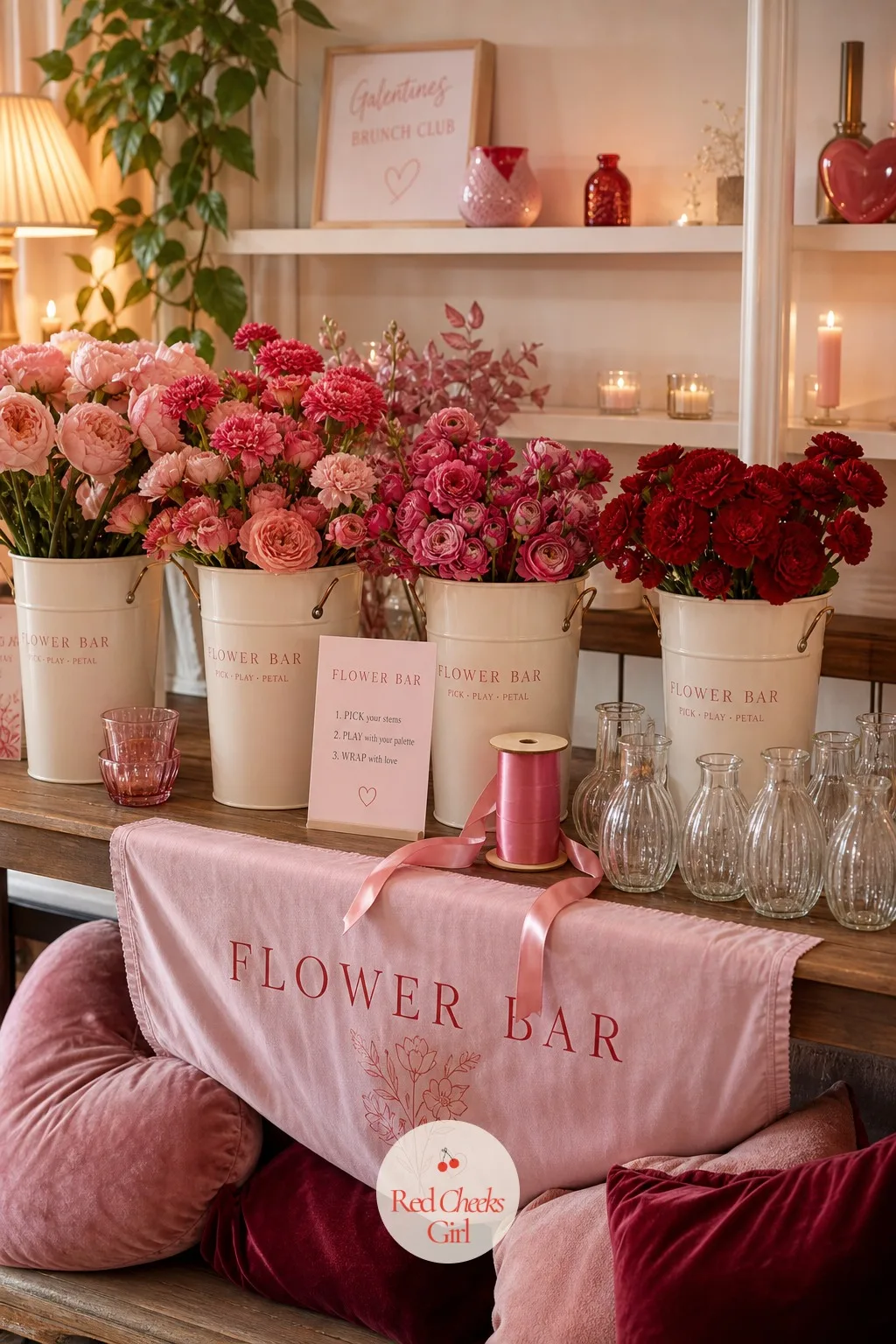 The Flower Bar — A console table turns into the flower bar: ceramic pails of ranunculus, spray rose, astilbe and eucalyptus sorted by colour, a spool of wide