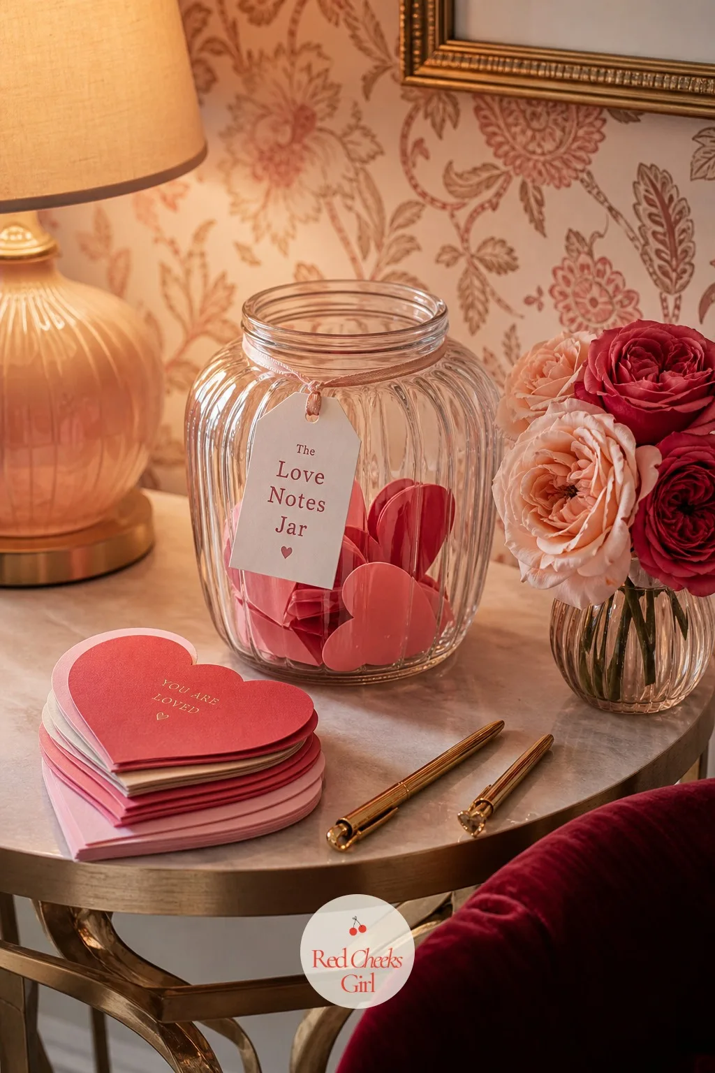 The Love Notes Jar — A glass jar sits on a side table with a small stack of heart-shaped cards and a cup of gold pens beside it. Galentines brunch