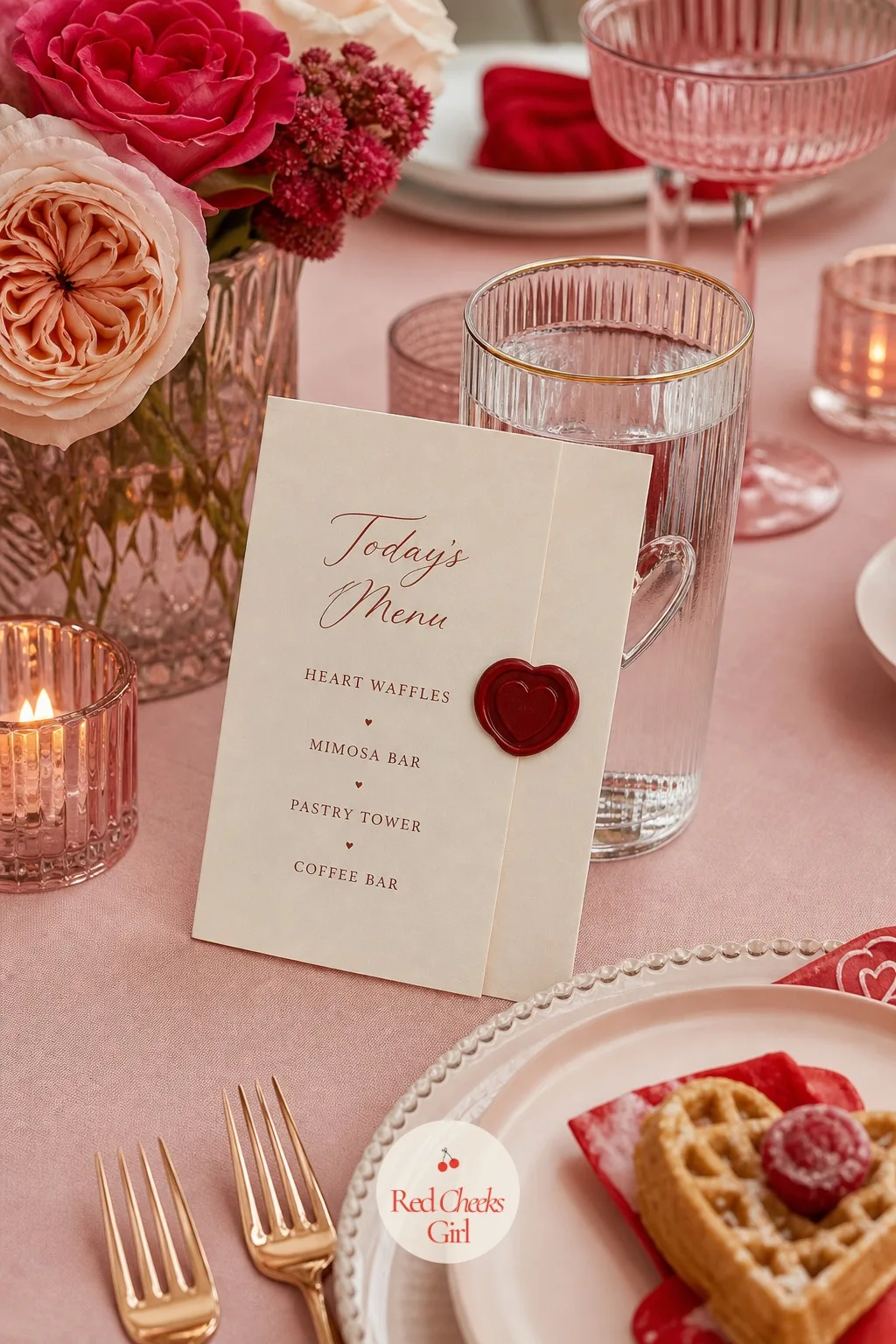 A Menu Card at Every Place — A small card leaning against each water glass tells her what is coming before she even gets up to look, and it dresses an empty
