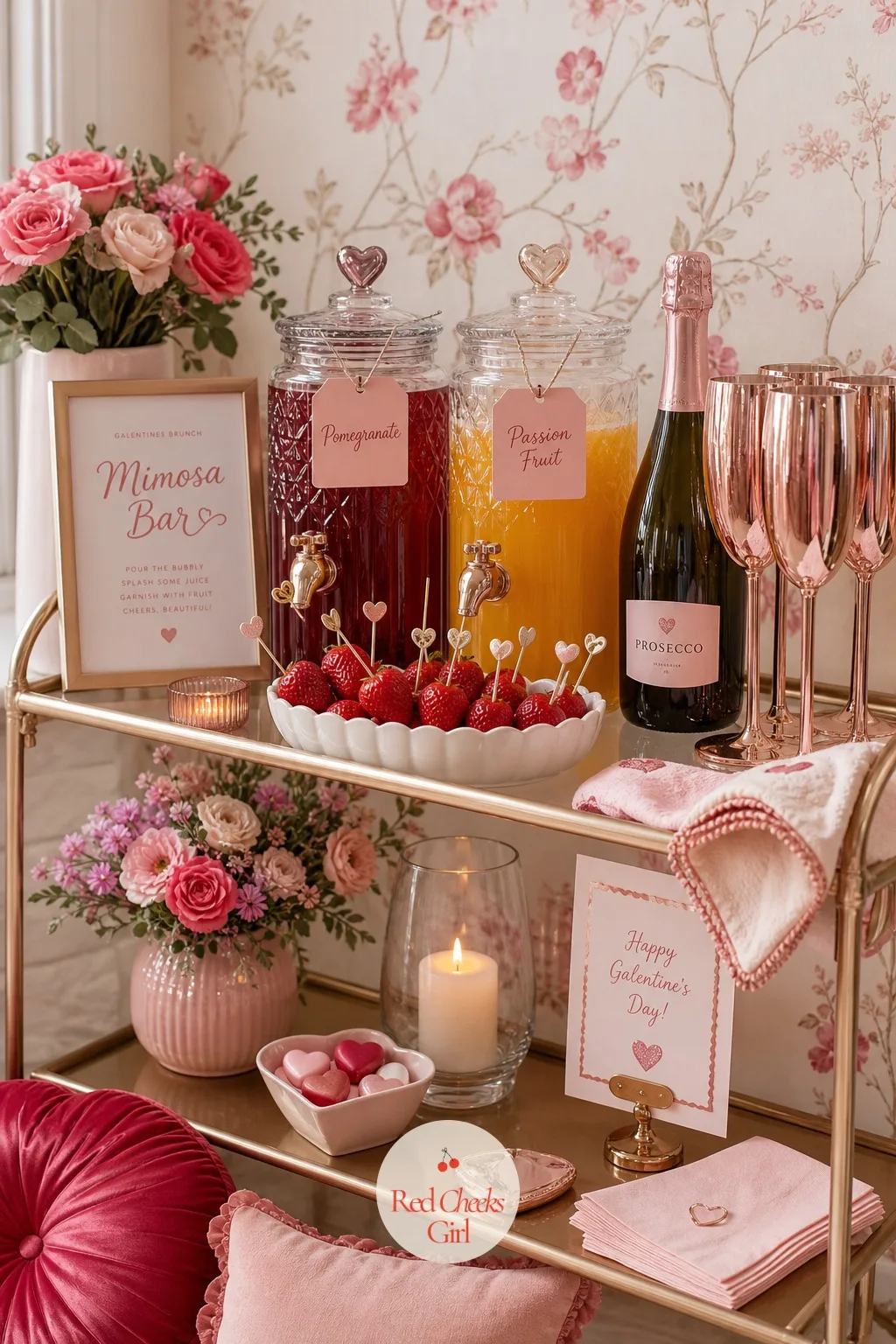 The Mimosa Bar — A low console or bar cart carries it: two glass dispensers of pomegranate and passion fruit juice side by side, a bottle of chilled prosecco