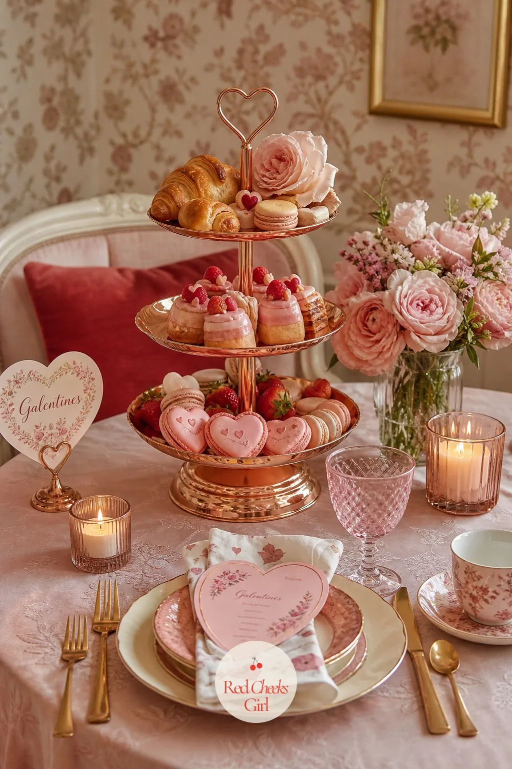 The Pastry Tower — A tiered rose gold stand holds the sweet end of the table: plain and almond croissants on the bottom tier, small pink pastries in the