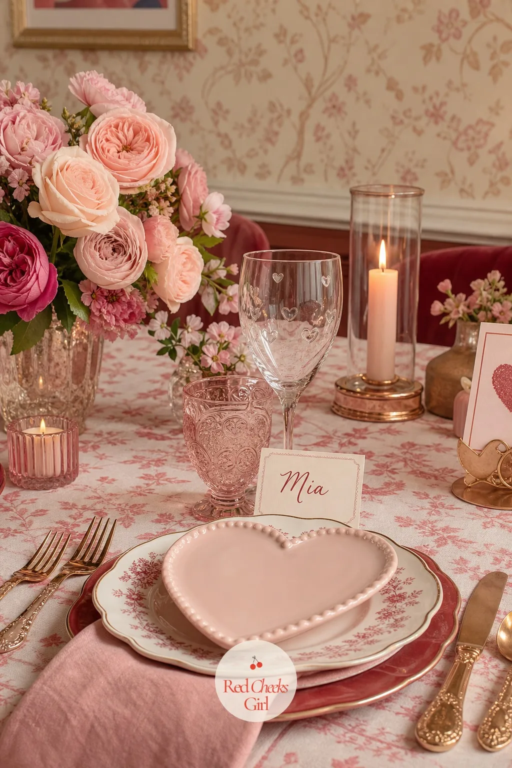 Place Cards With Each Friend's Name — At each seat, a small tented card leans against the stem of a glass with her name written across it, a tiny cherry red
