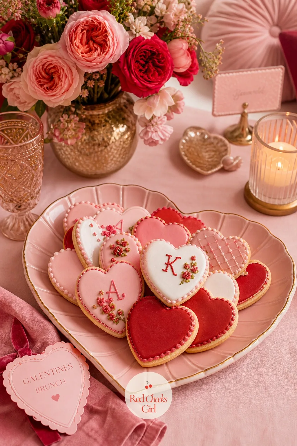 A Stack of Heart Cookies — Fanned out on a heart-shaped plate near the end of the table, two dozen heart sugar cookies iced in blush, cherry red and white give