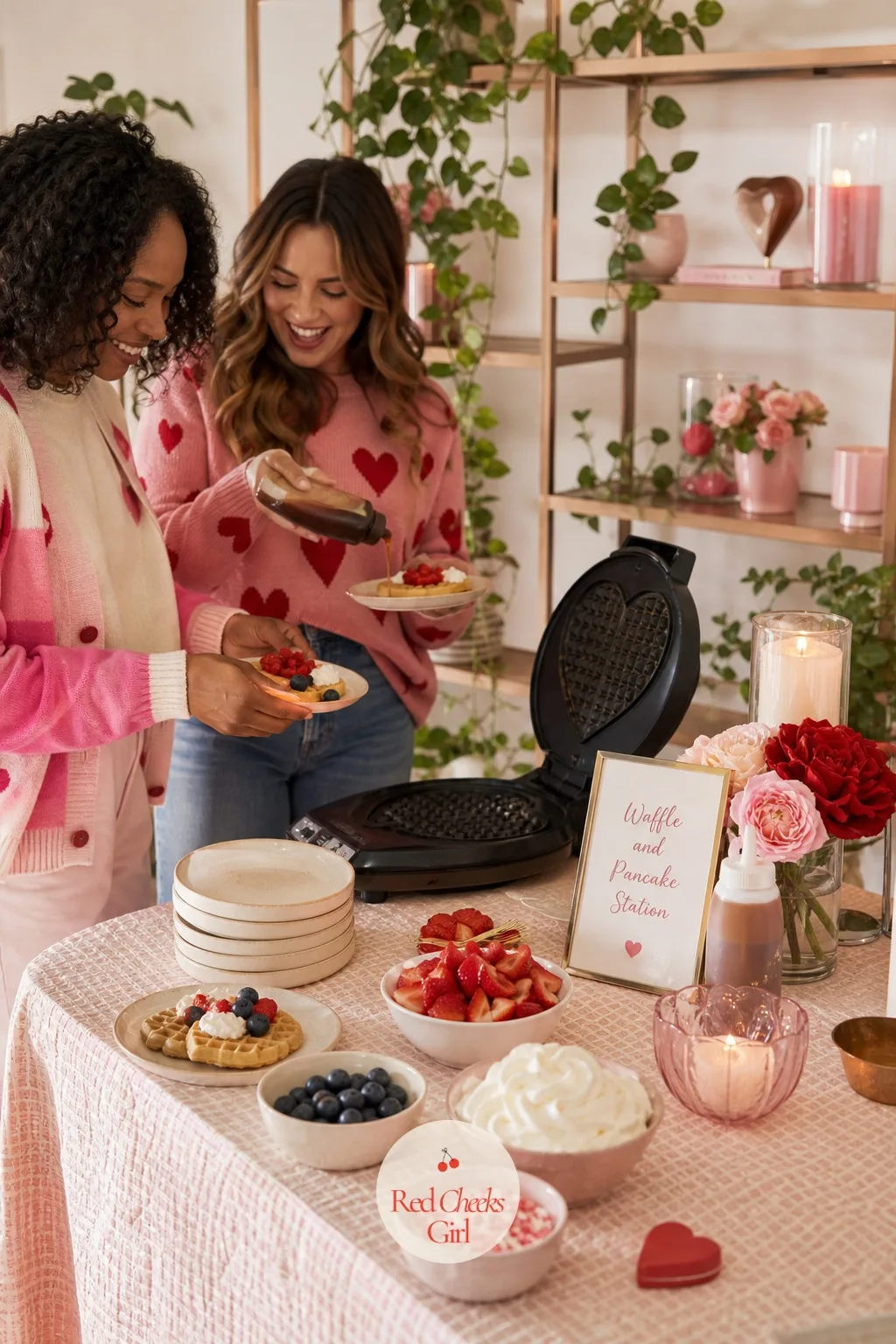 The Waffle and Pancake Station — A heart-shaped waffle iron sits on a side table covered in a cream pressed-cotton cloth, a stack of plates beneath it, and