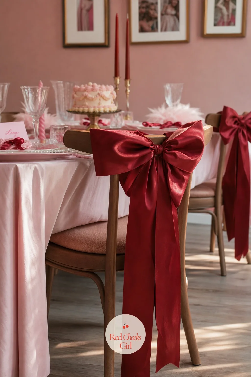 Coquette Bows Tied on Every Chair Back — Plain dining chairs look like they are waiting for a different party. Galentines party decor