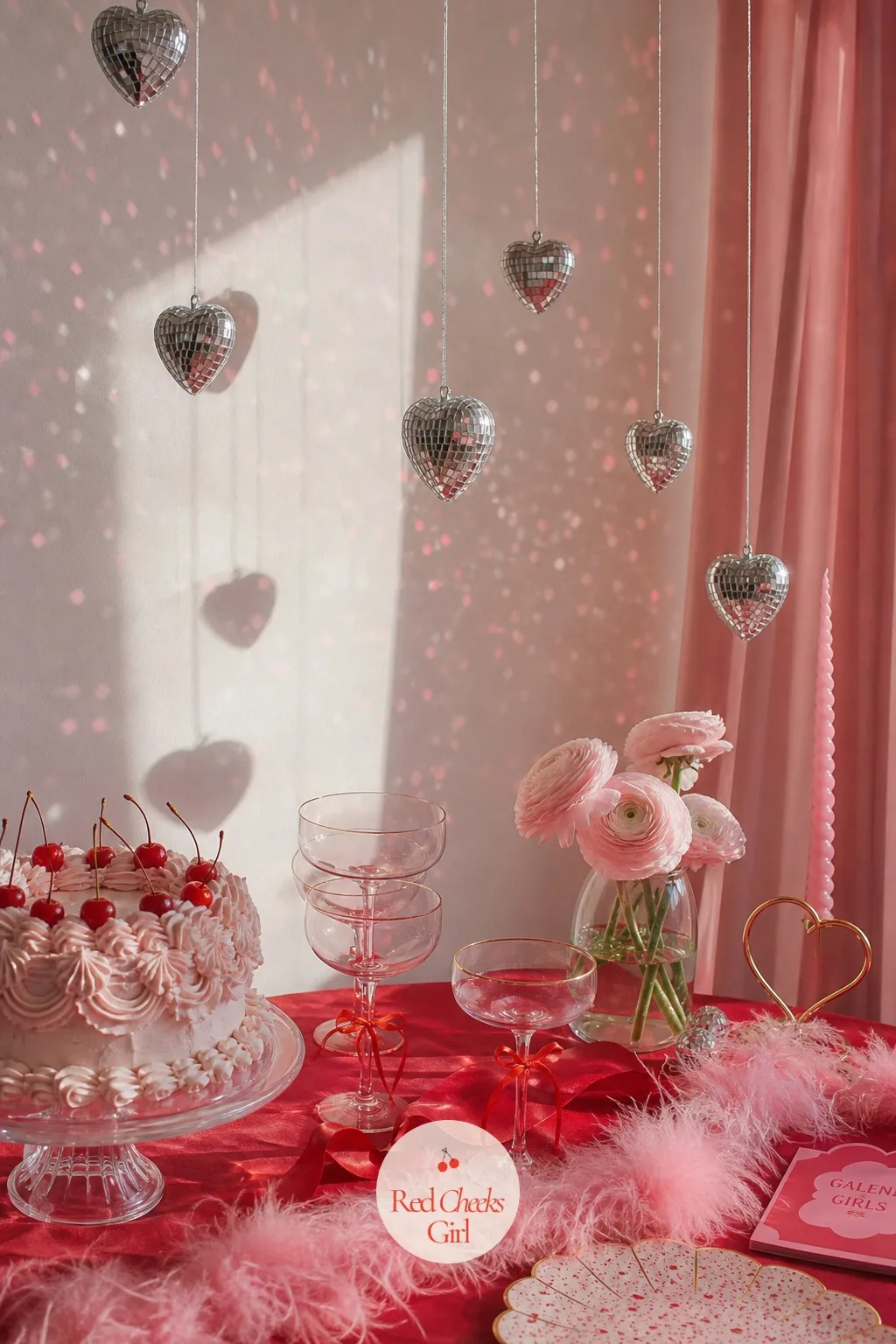 Disco Ball Hearts Hung From the Ceiling — A flat ceiling does nothing for a party. Galentines party decor
