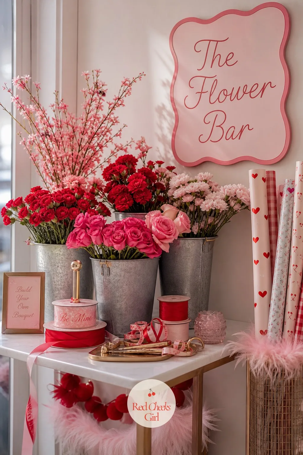 The Flower Bar Corner — Handing everyone a drink the moment they walk in is nice. Galentines party decor