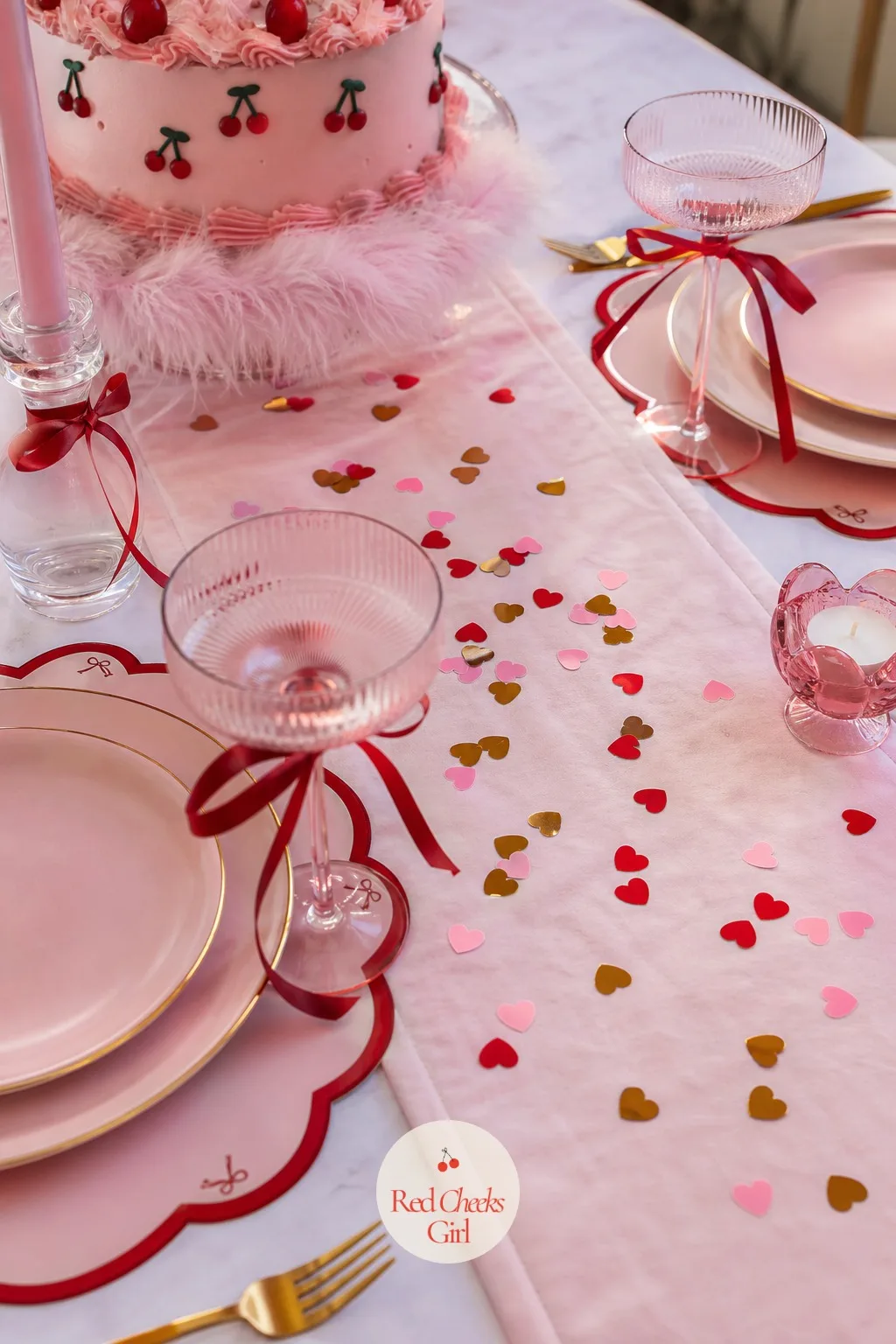 Heart Confetti Scattered Along the Table Runner — A table runner laid flat and empty looks like it is waiting for something. Galentines party decor