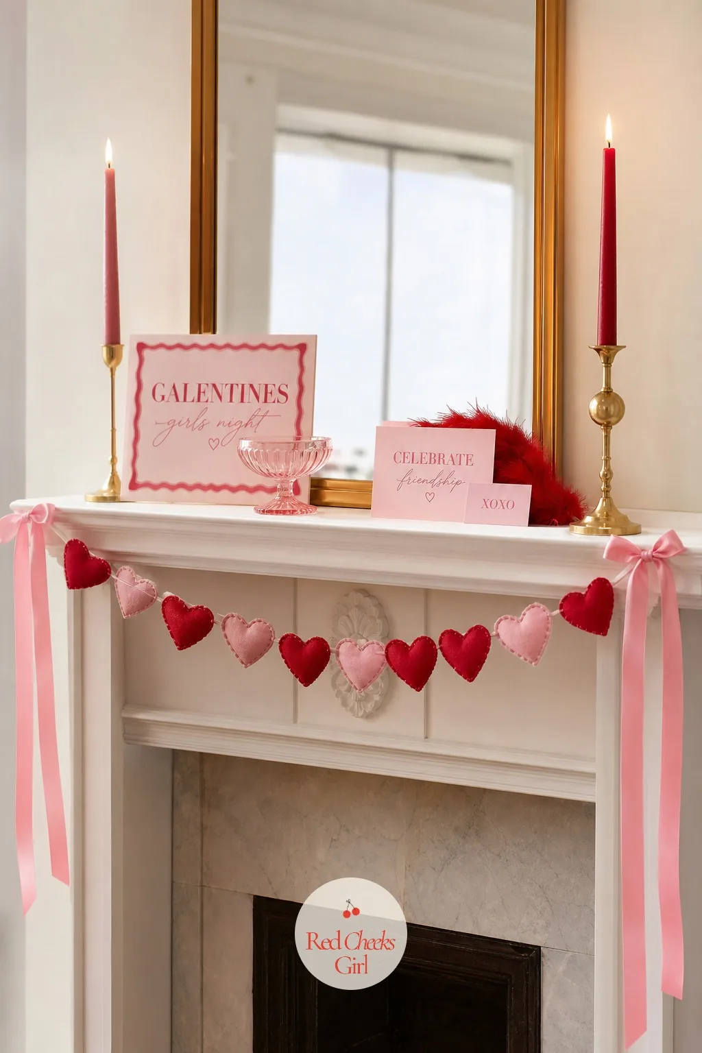 Heart Garland Across the Mantel — A bare mantel looks like nobody got to it in time. Galentines party decor