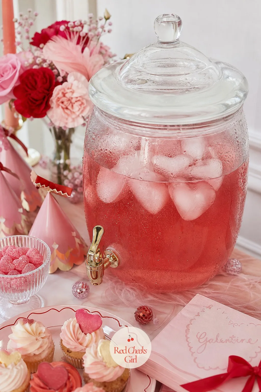Heart-Shaped Ice Cubes Floating in a Drink Dispenser — A pitcher of punch looks unfinished without something floating in it. Galentines party decor