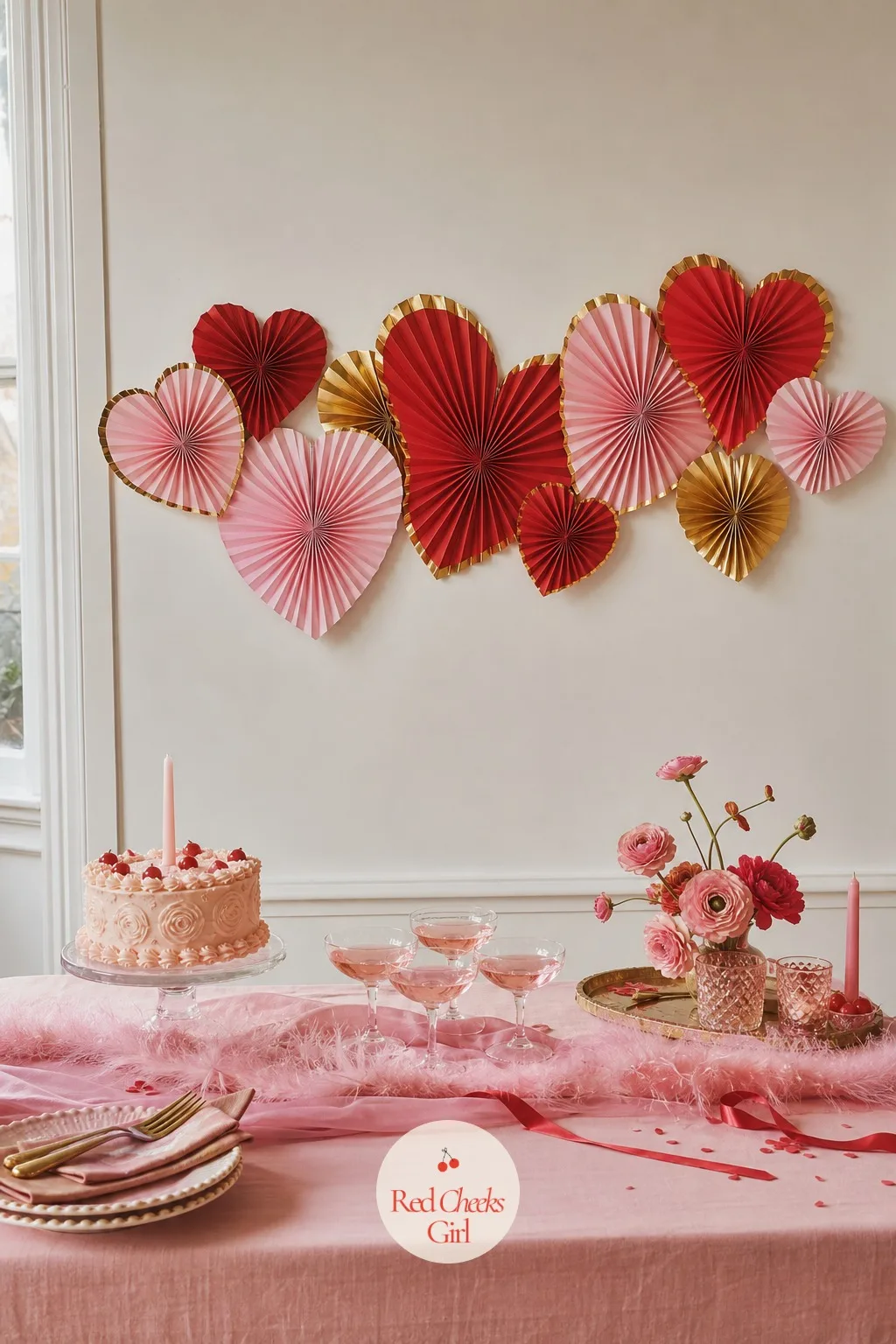 Heart-Shaped Paper Fans Arranged Across the Wall — A second wall, one not taken up by the main backdrop, still wants something on it. Galentines party decor