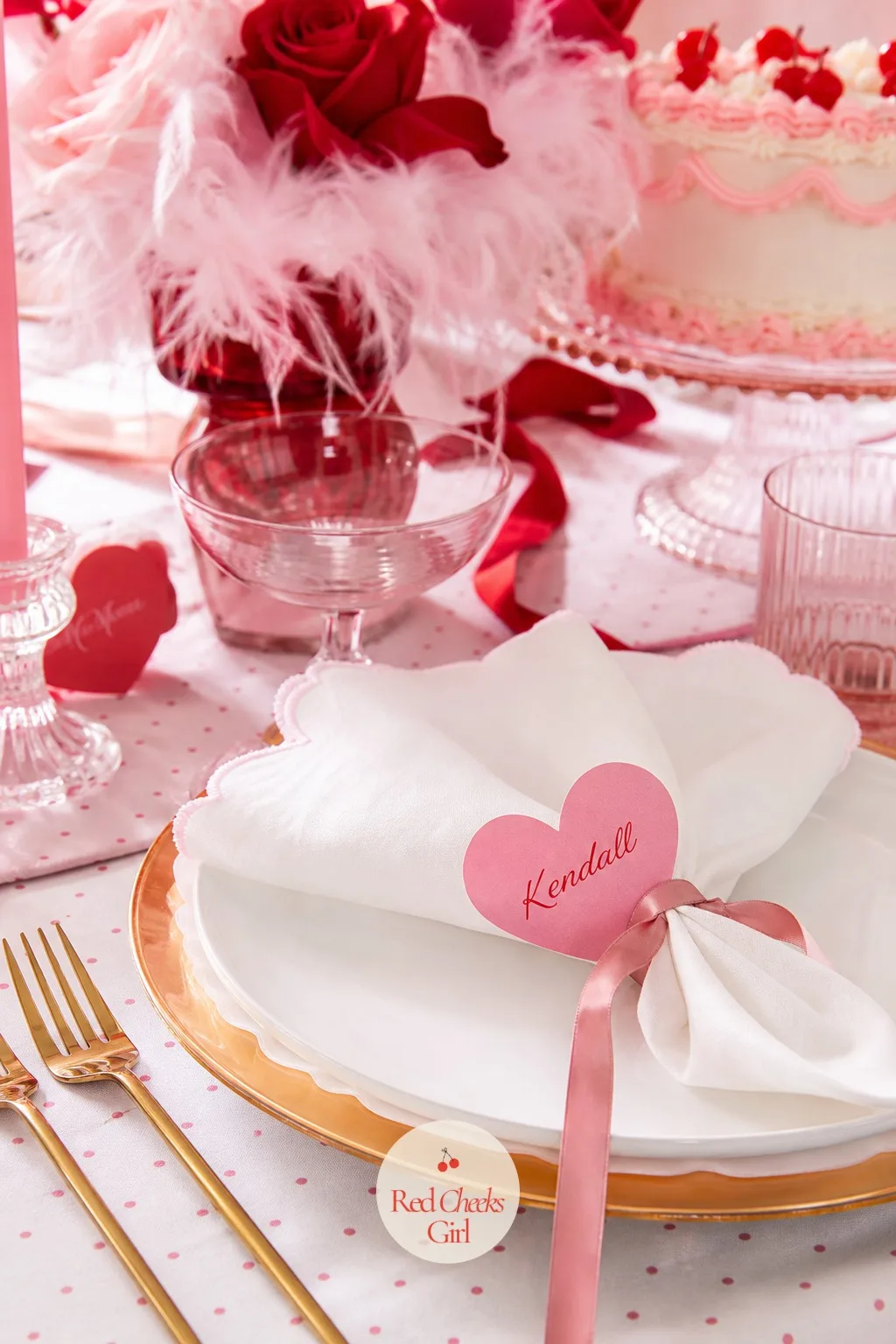 Heart-Shaped Place Cards Tucked Into Napkin Folds — A napkin folded flat on an empty plate looks like it is just there to be used, nothing more. Galentines