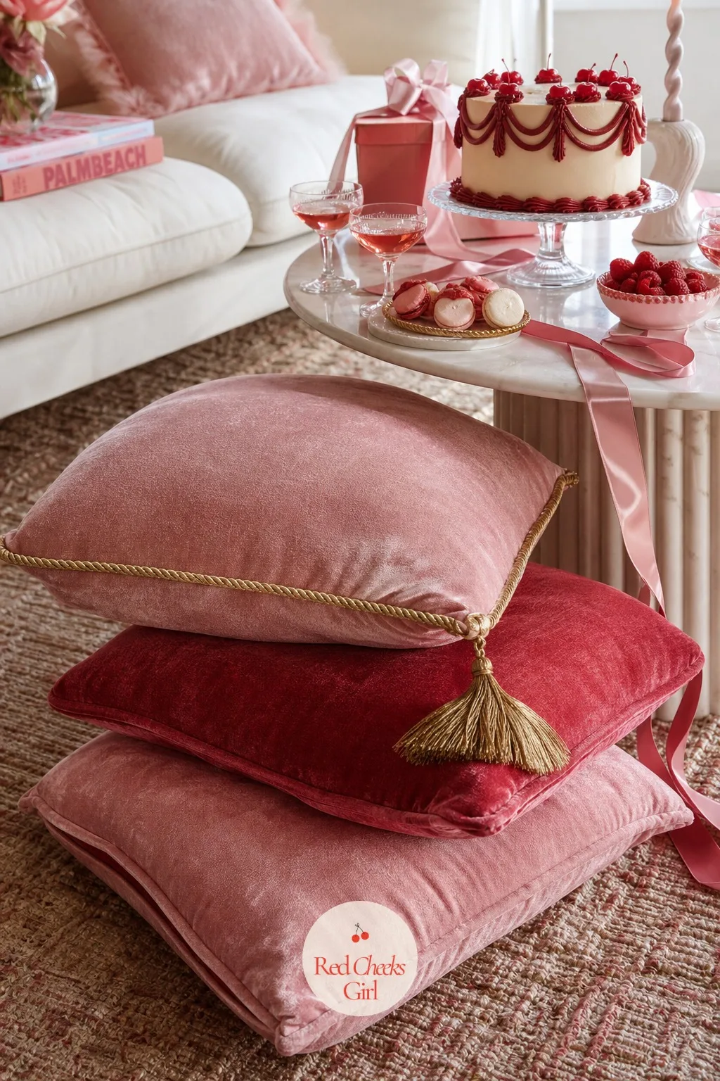 A Pile of Pink Velvet Floor Cushions for Low Seating — Not every chair in the house will be free, and not every girls night wants to sit upright anyway.