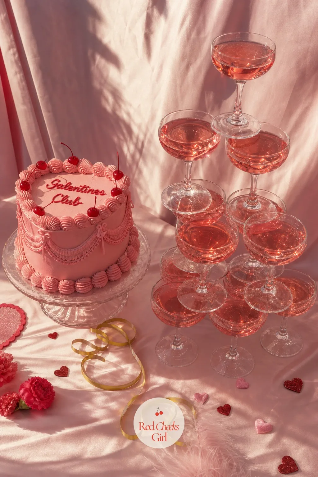 A Pink Champagne Tower Beside the Cake — A single bottle on the table never feels like an occasion. Galentines party decor
