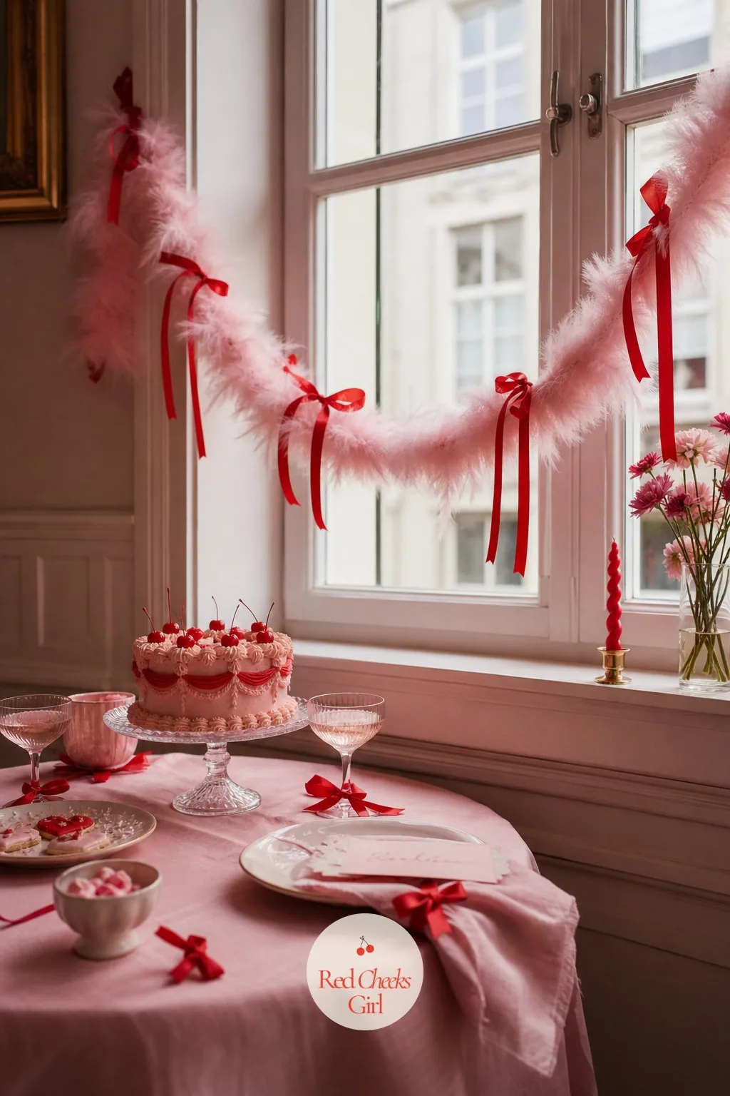 A Pink Feather Boa Garland Draped Along the Window — Curtains alone never feel like a party. Galentines party decor