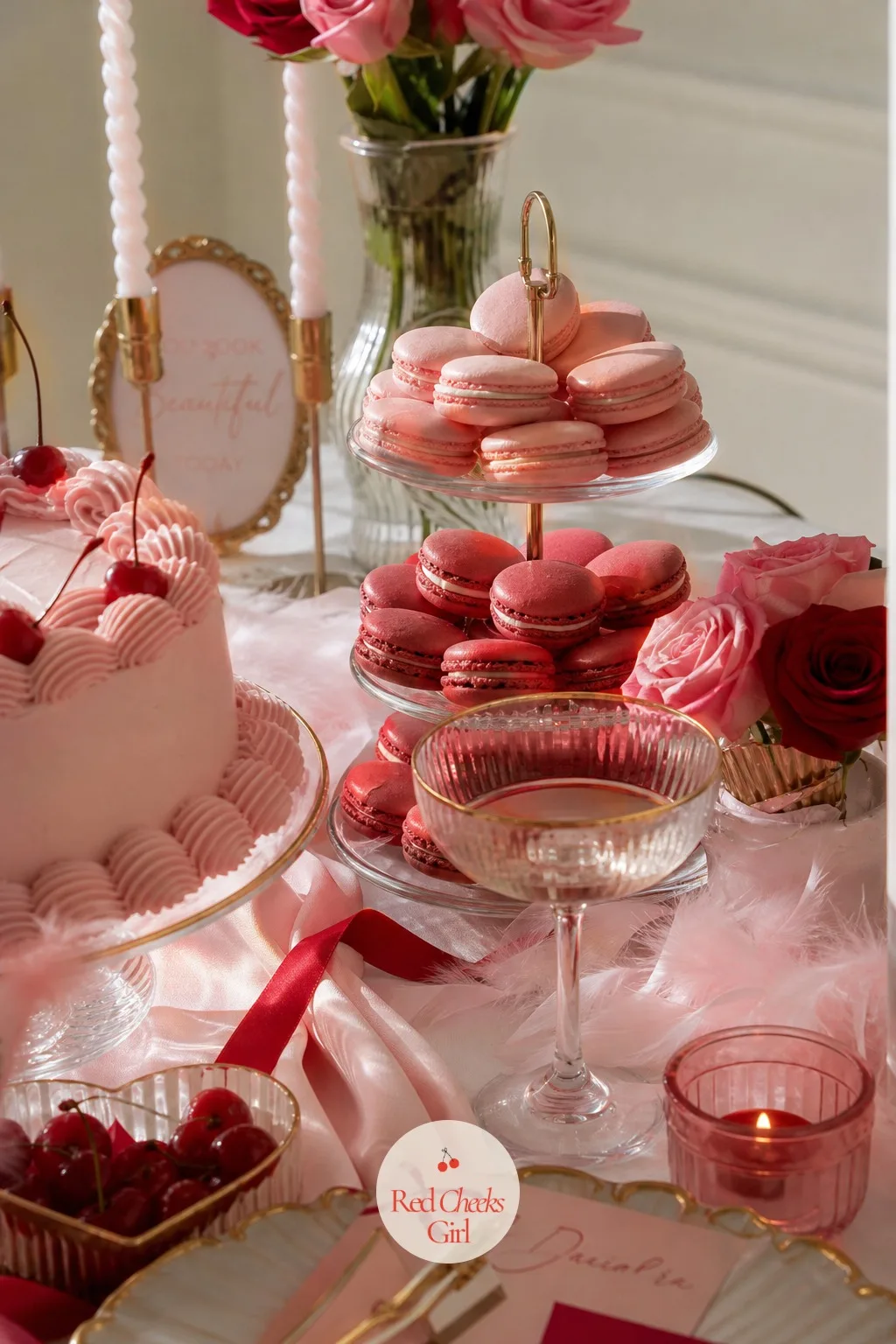 Pink Macarons Stacked Into a Small Tower — The heart cake cannot be the only sweet thing on the table, or dessert ends the moment the first slice is cut.