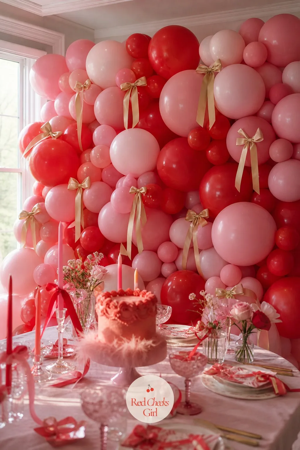 Pink and Red Balloon and Bow Backdrop — She walks in and this is the thing that stops her, before the music, before the cake. Galentines party decor