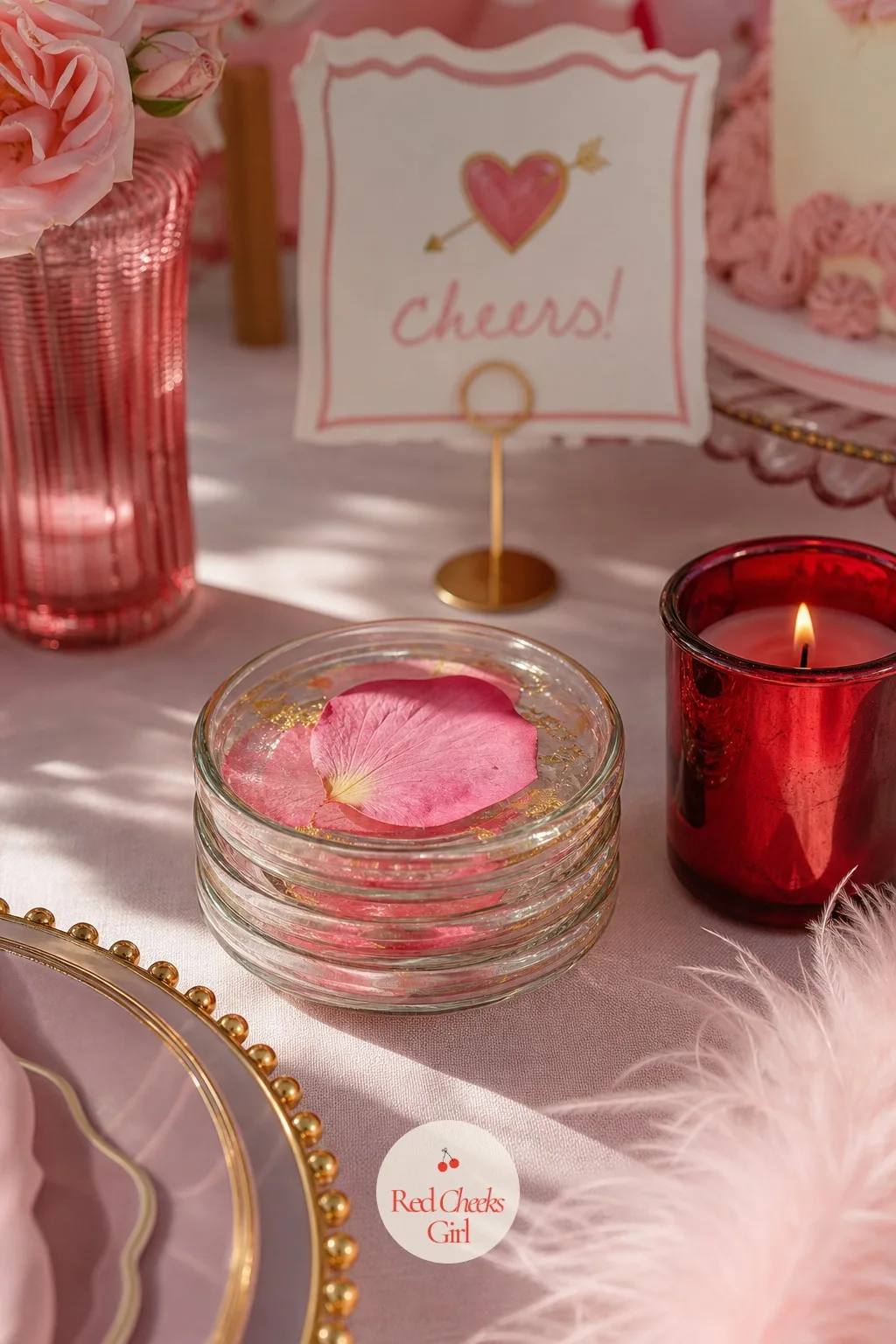 Pressed Rose Petal Coasters at Each Seat — A drink set straight onto a coffee table leaves a ring nobody wants to deal with the next morning. Galentines party