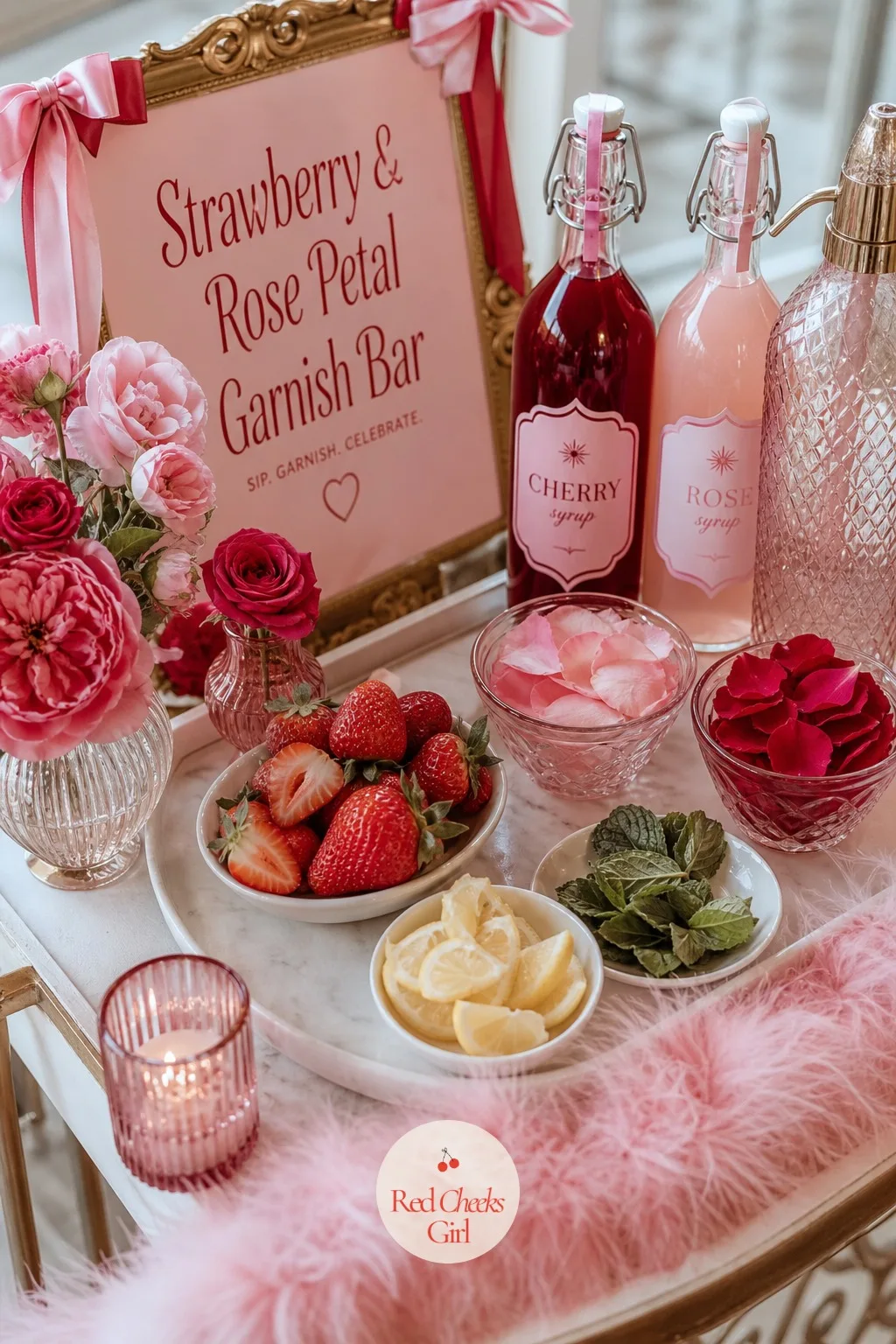 A Strawberry and Rose Petal Garnish Bar — A drinks table with nothing to dress a glass feels half set up. Galentines party decor