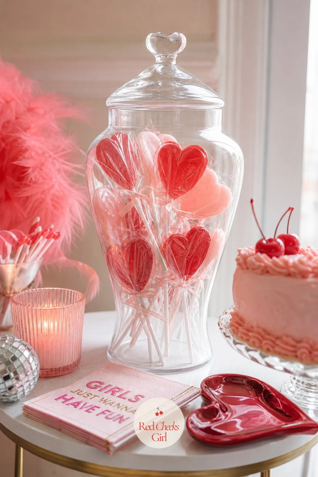 Vintage Heart Lollipops in a Glass Jar — A side table with nothing edible on it feels a little stiff for a girls night. Galentines party decor