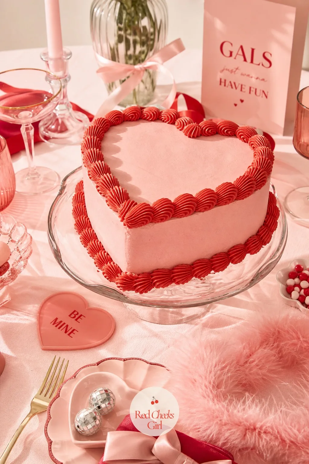 A Vintage Piped Heart Cake as the Centerpiece — Every other piece of decor in the room points toward this table, so the cake has to be the thing that actually