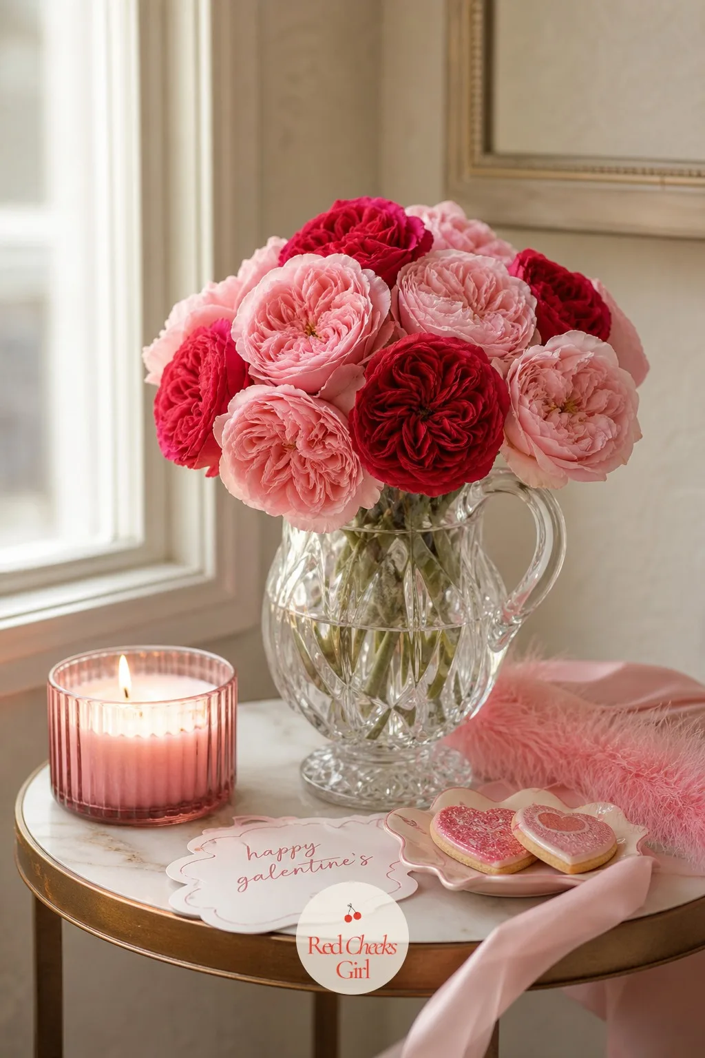 A Vintage Pitcher of Garden Roses on the Side Table — The flower bar needs a finished arrangement sitting nearby to show what the loose stems could become.