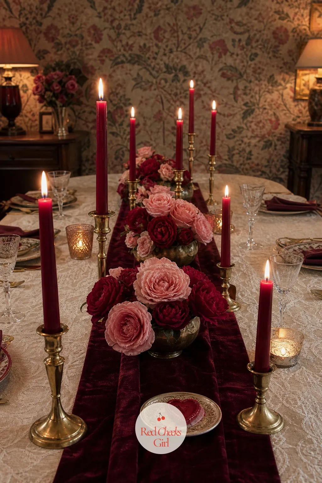 The Candlelit Taper Line — Turn the overhead light off and this becomes the only light in the room: a line of red taper candles down the center of the table