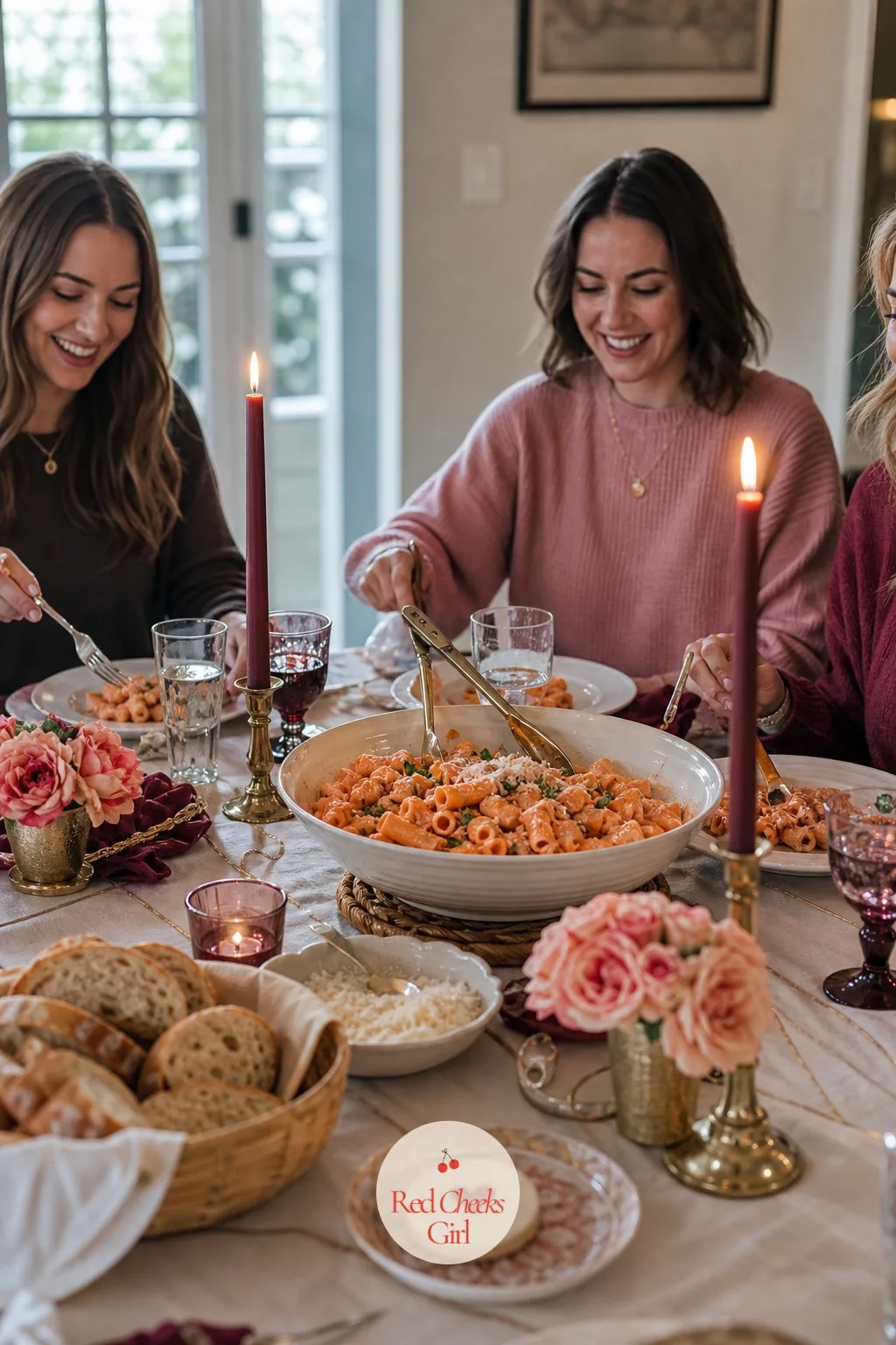 The Family-Style Main — Once everyone sits, one dish lands in the middle of the table rather than four separate plates: a big bowl of pasta tossed in a pink